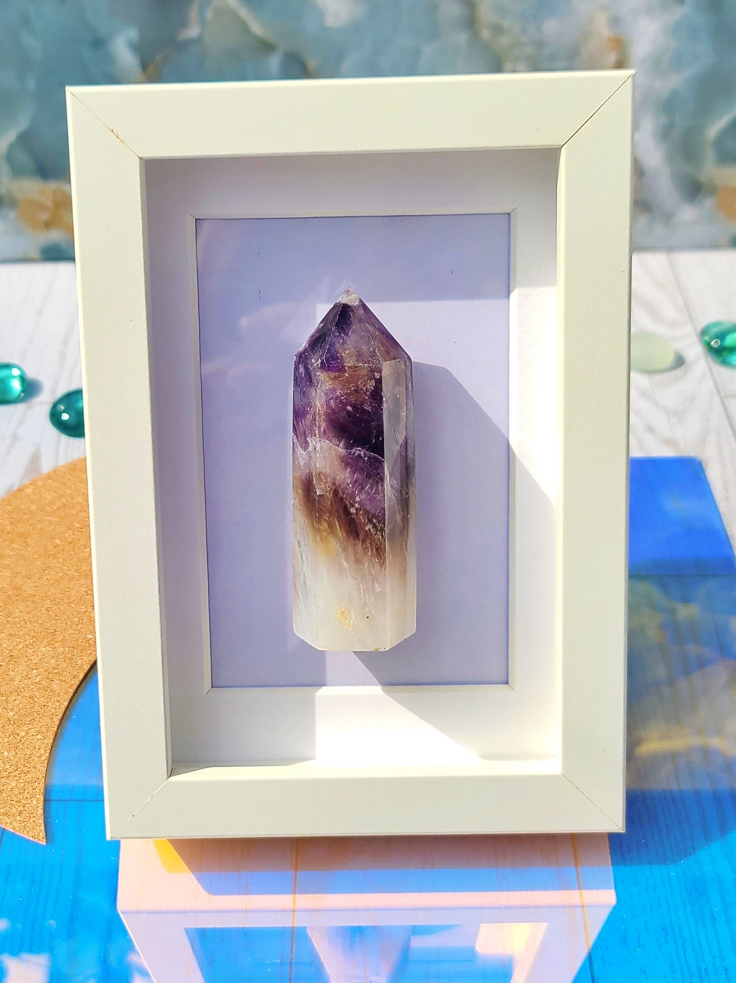 Dreamy Amethyst Obelisk with White Frame – Soft Violet Crystal Display
