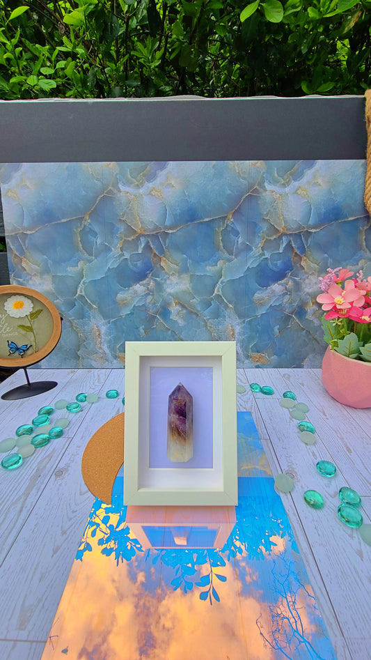 Dreamy Amethyst Obelisk with White Frame – Soft Violet Crystal Display