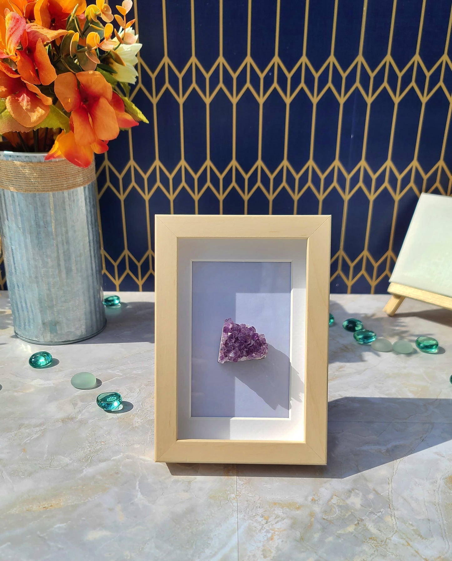 Raw Uruguay Amethyst with Soft Cream Frame – Elegant Purple Crystal Display