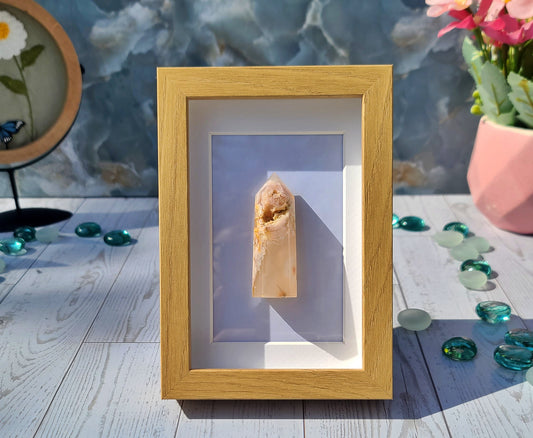 Cherry Blossom Agate Column with Wood-Look Frame – Natural Crystal Decor