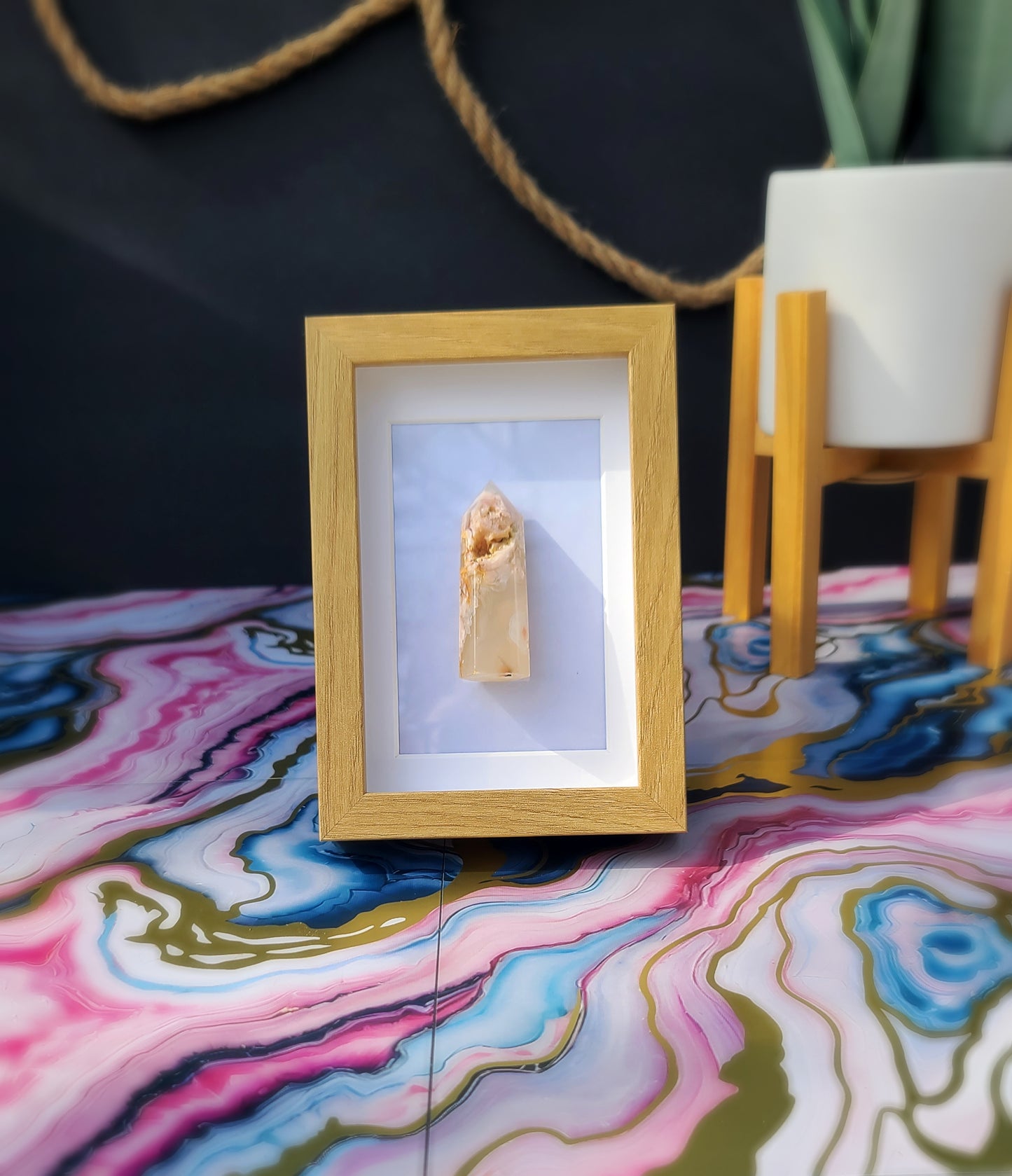 Cherry Blossom Agate Column with Wood-Look Frame – Natural Crystal Decor