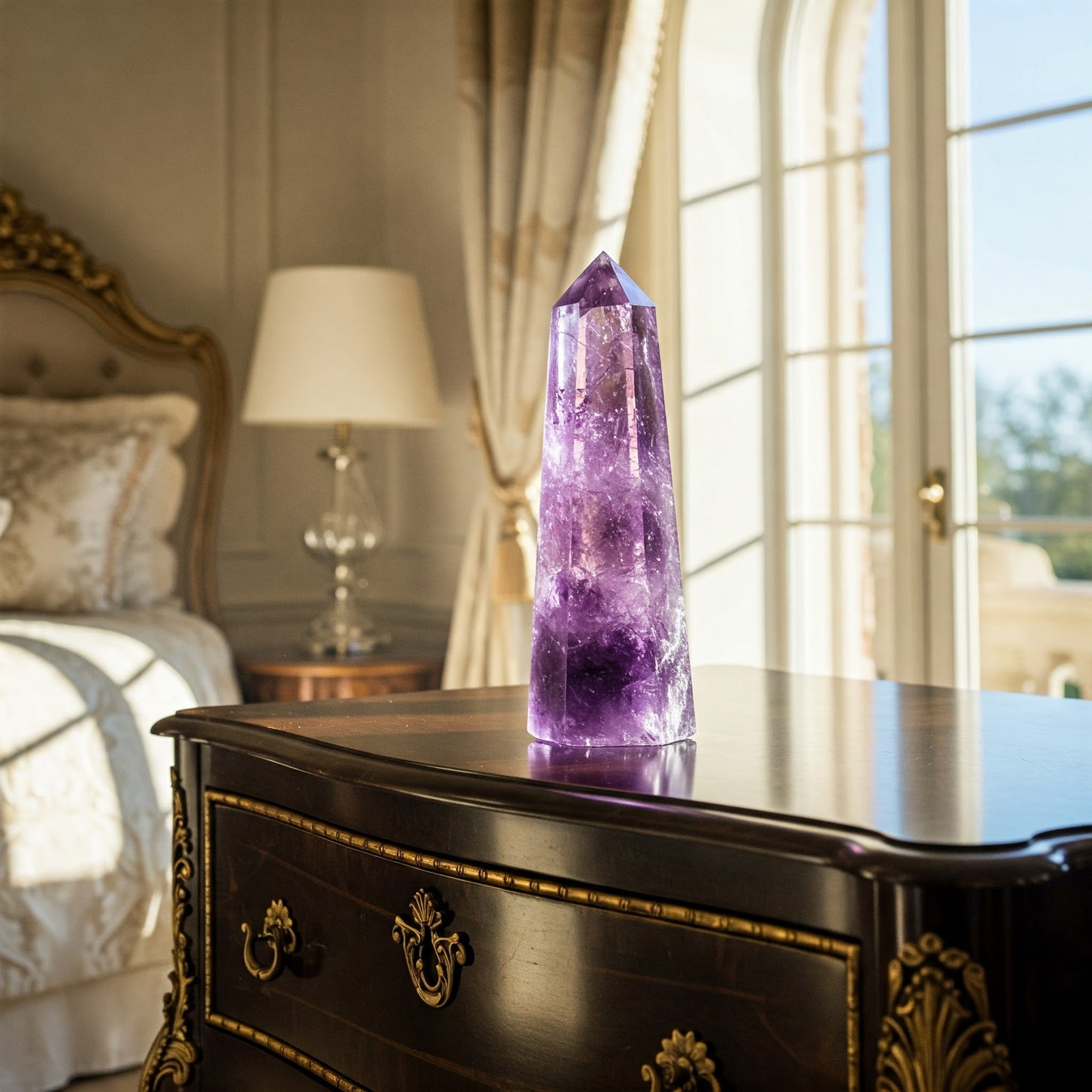 Dreamy Amethyst Obelisk with Black Frame – Bold Violet Crystal Accent
