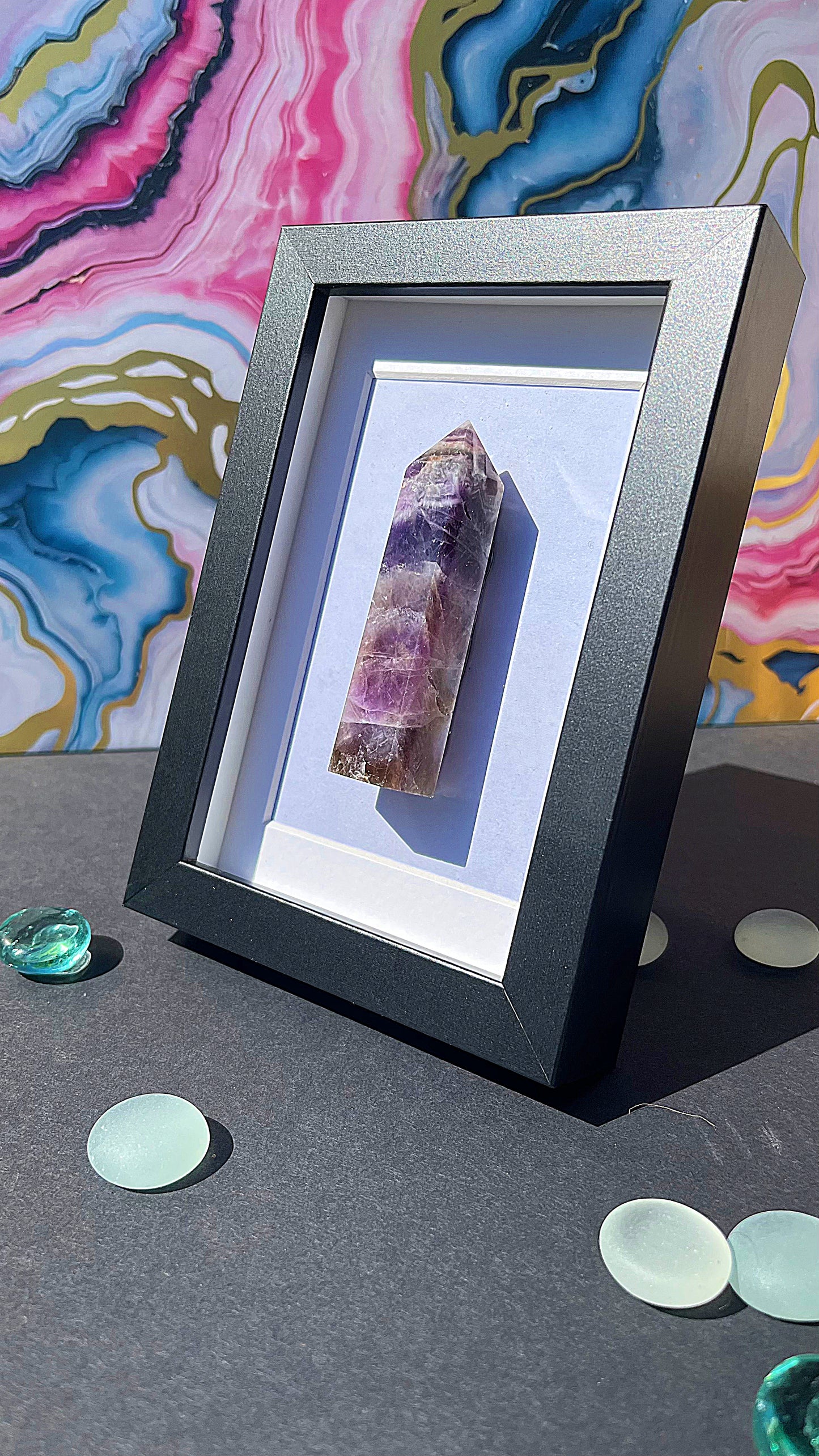 Dreamy Amethyst Obelisk with Black Frame – Bold Violet Crystal Accent
