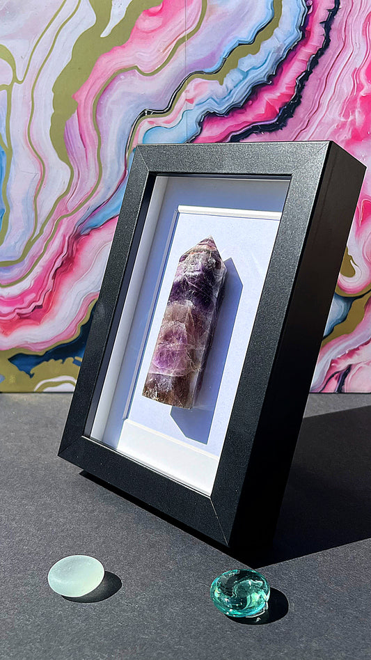 Dreamy Amethyst Obelisk with Black Frame – Bold Violet Crystal Accent