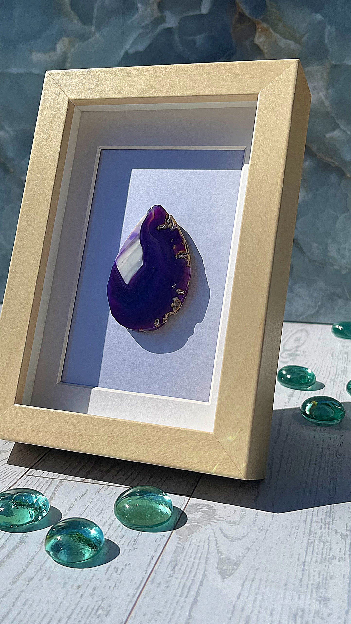 Polished Purple Agate Slice in Cream Wood-Look Frame – Sculptural Crystal Accent