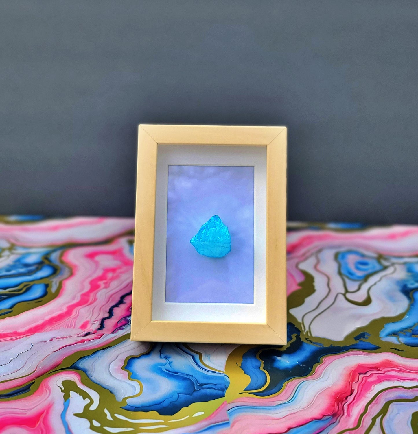 Raw Aqua Aura Quartz with Cream Wood-Look Frame – Soft Blue Crystal Display