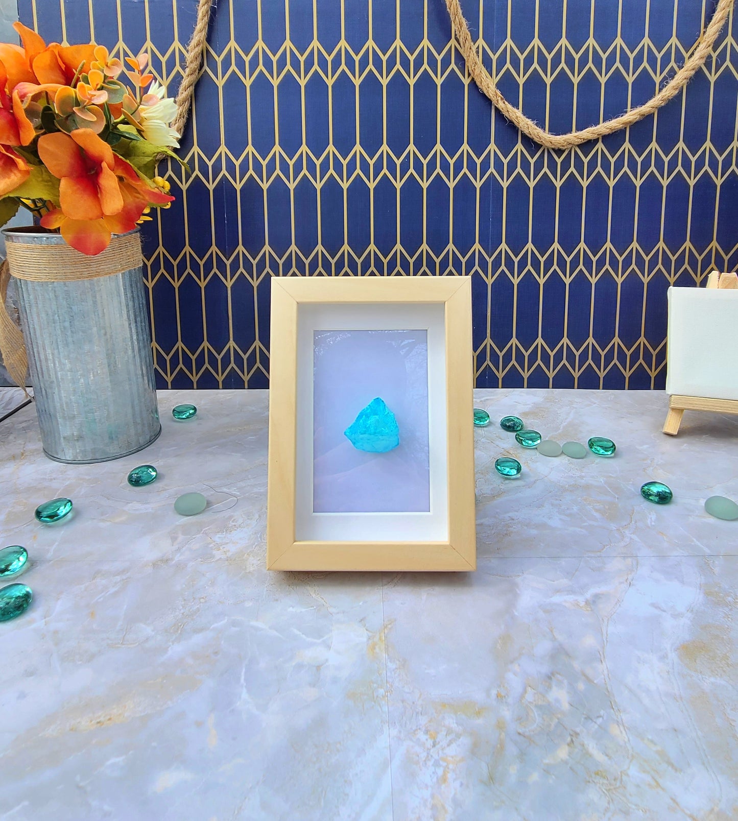 Raw Aqua Aura Quartz with Cream Wood-Look Frame – Soft Blue Crystal Display