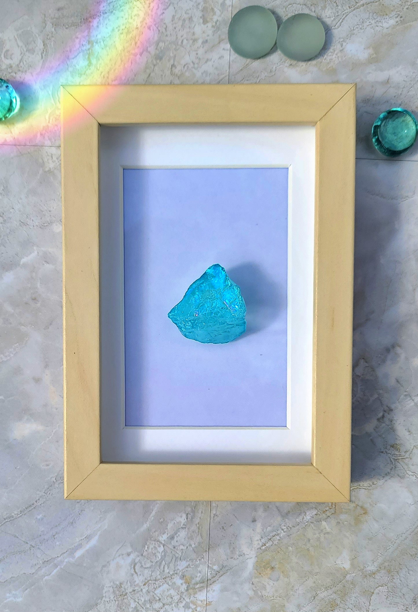 Raw Aqua Aura Quartz with Cream Wood-Look Frame – Soft Blue Crystal Display
