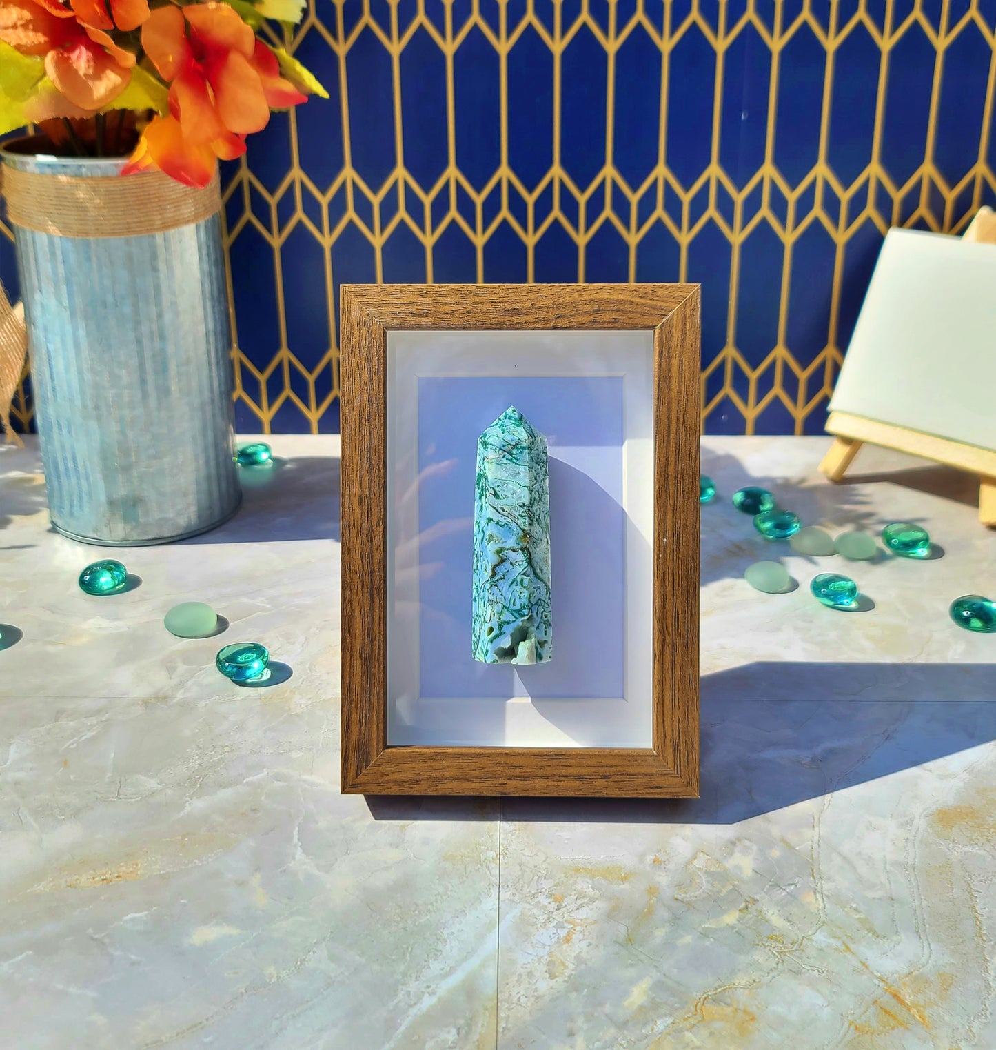 Moss Agate Crystal Tower with Wood-Look Frame – Natural Stone Display Piece