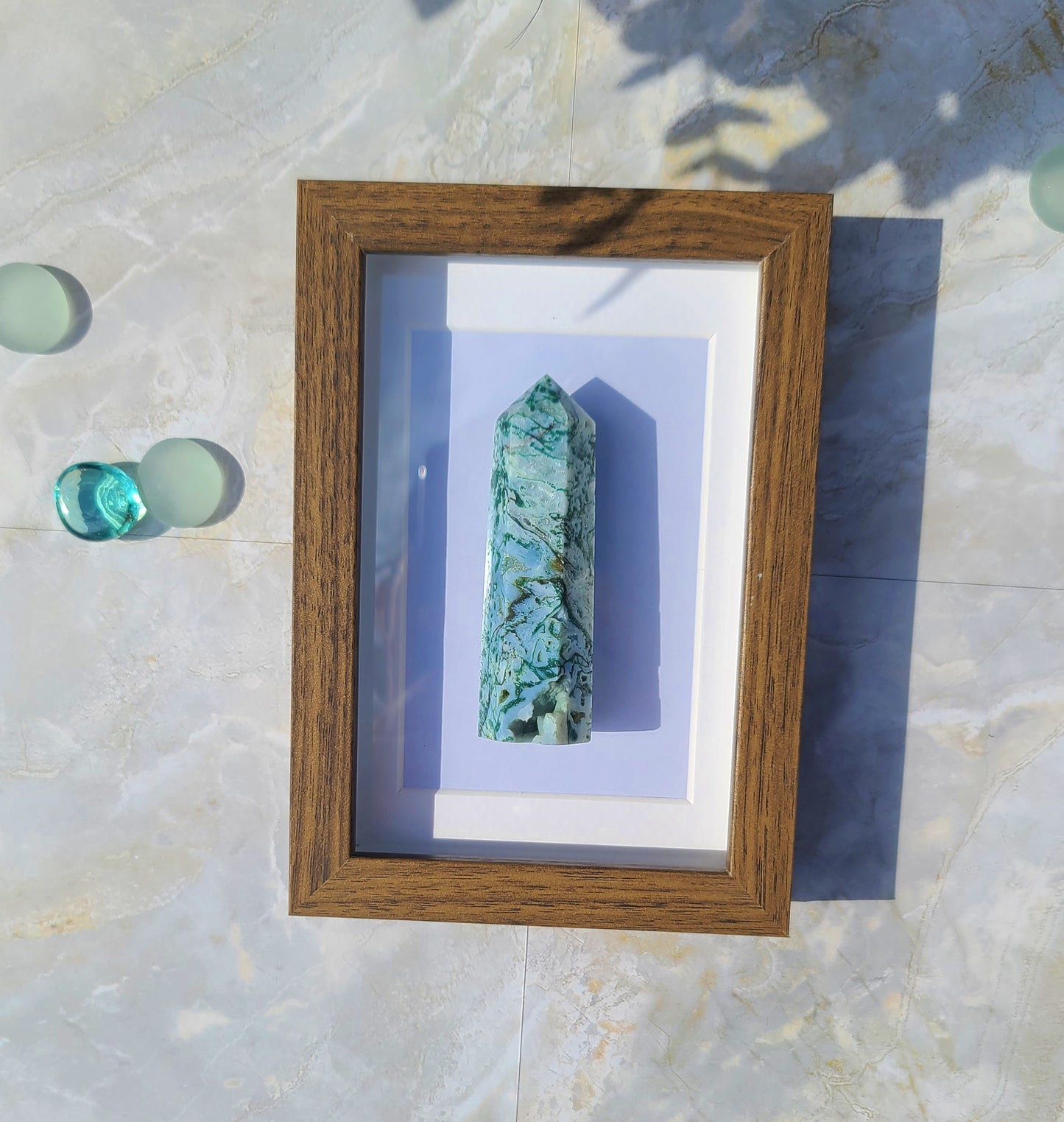Moss Agate Crystal Tower with Wood-Look Frame – Natural Stone Display Piece