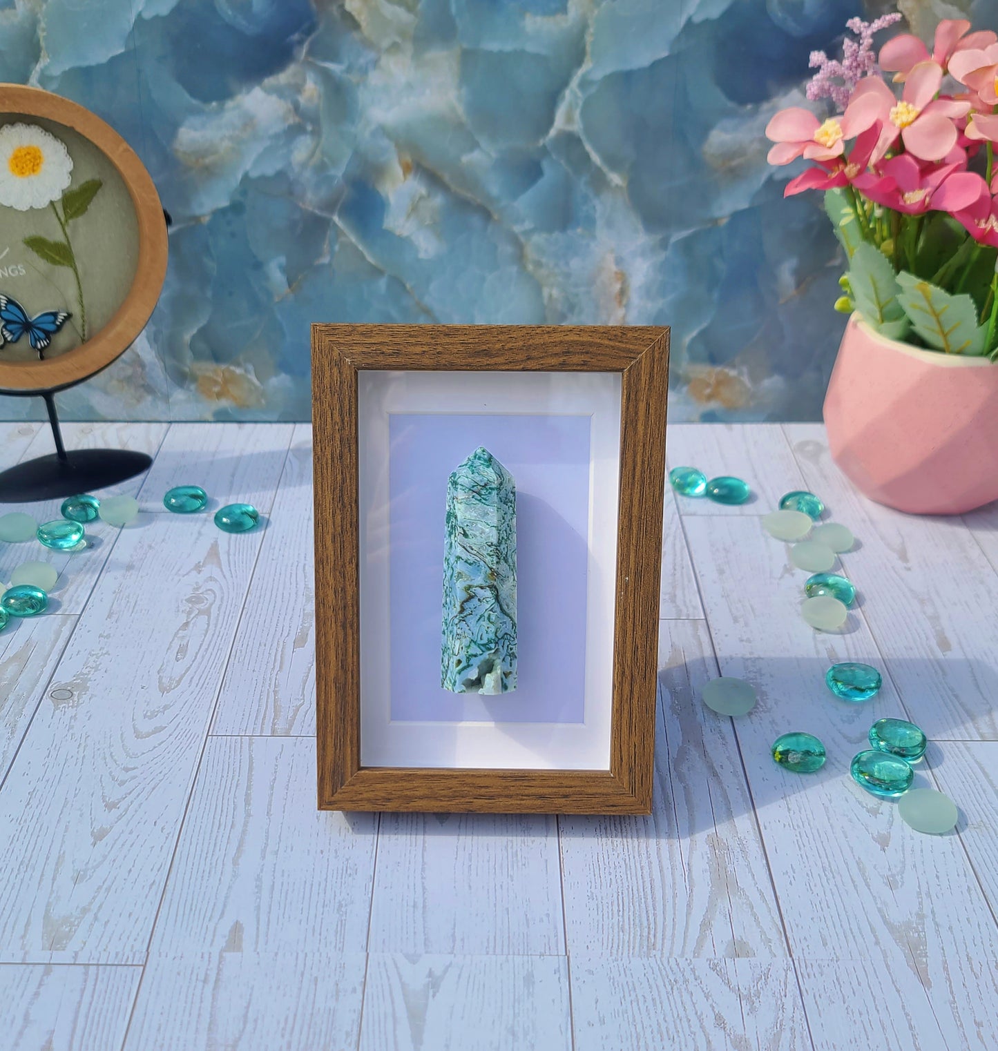 Moss Agate Crystal Tower with Wood-Look Frame – Natural Stone Display Piece