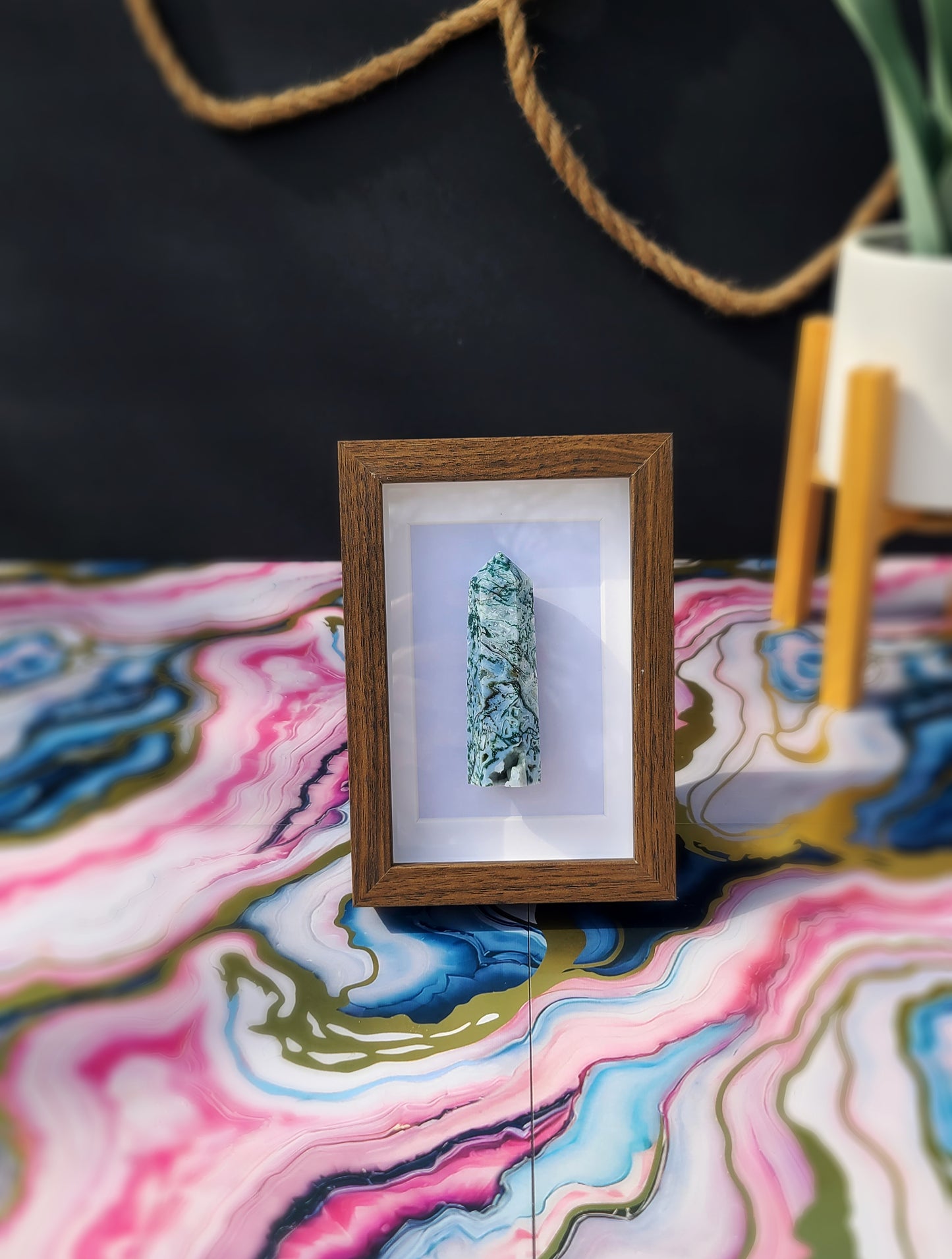 Moss Agate Crystal Tower with Wood-Look Frame – Natural Stone Display Piece