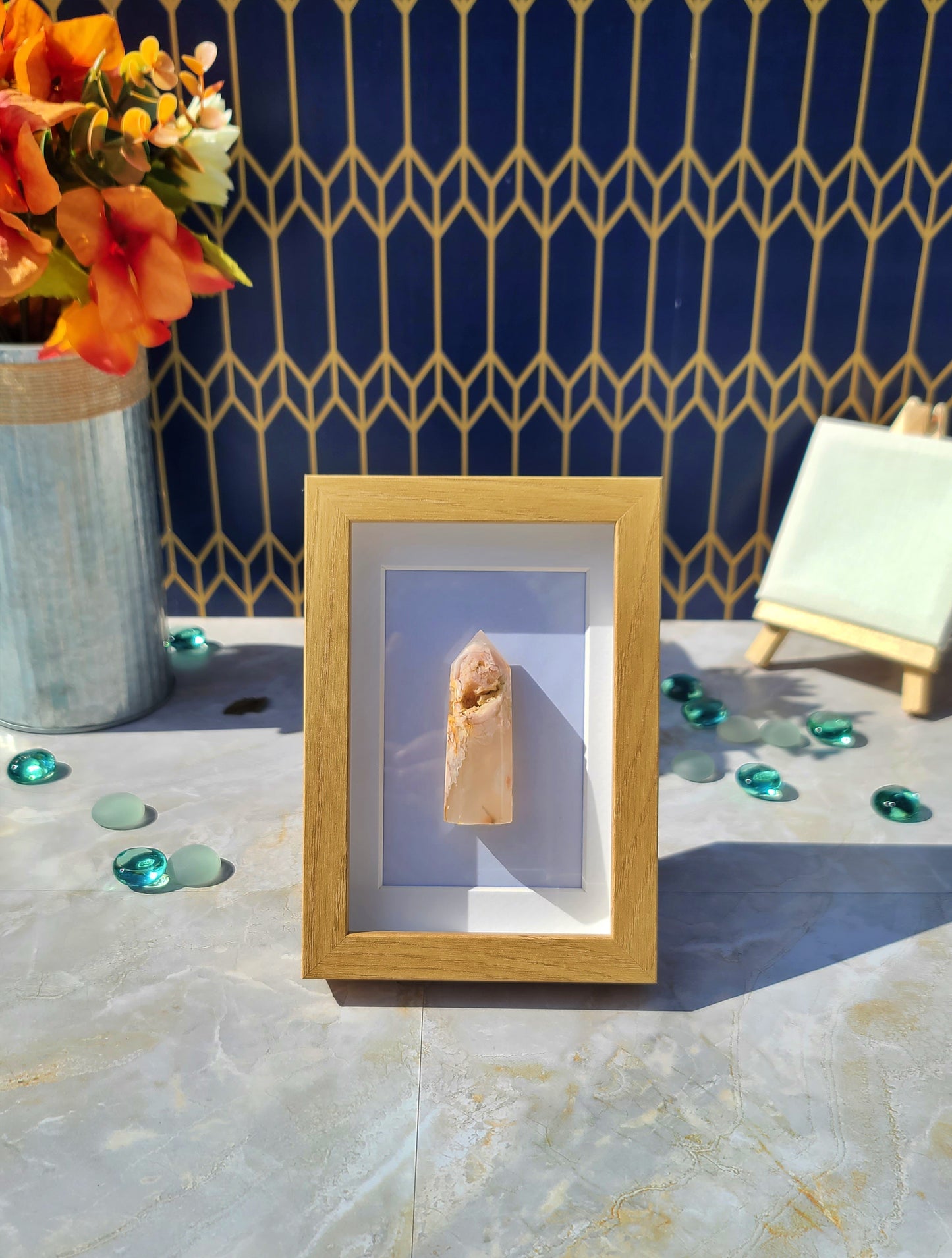 Cherry Blossom Agate Column with Wood-Look Frame – Natural Crystal Decor