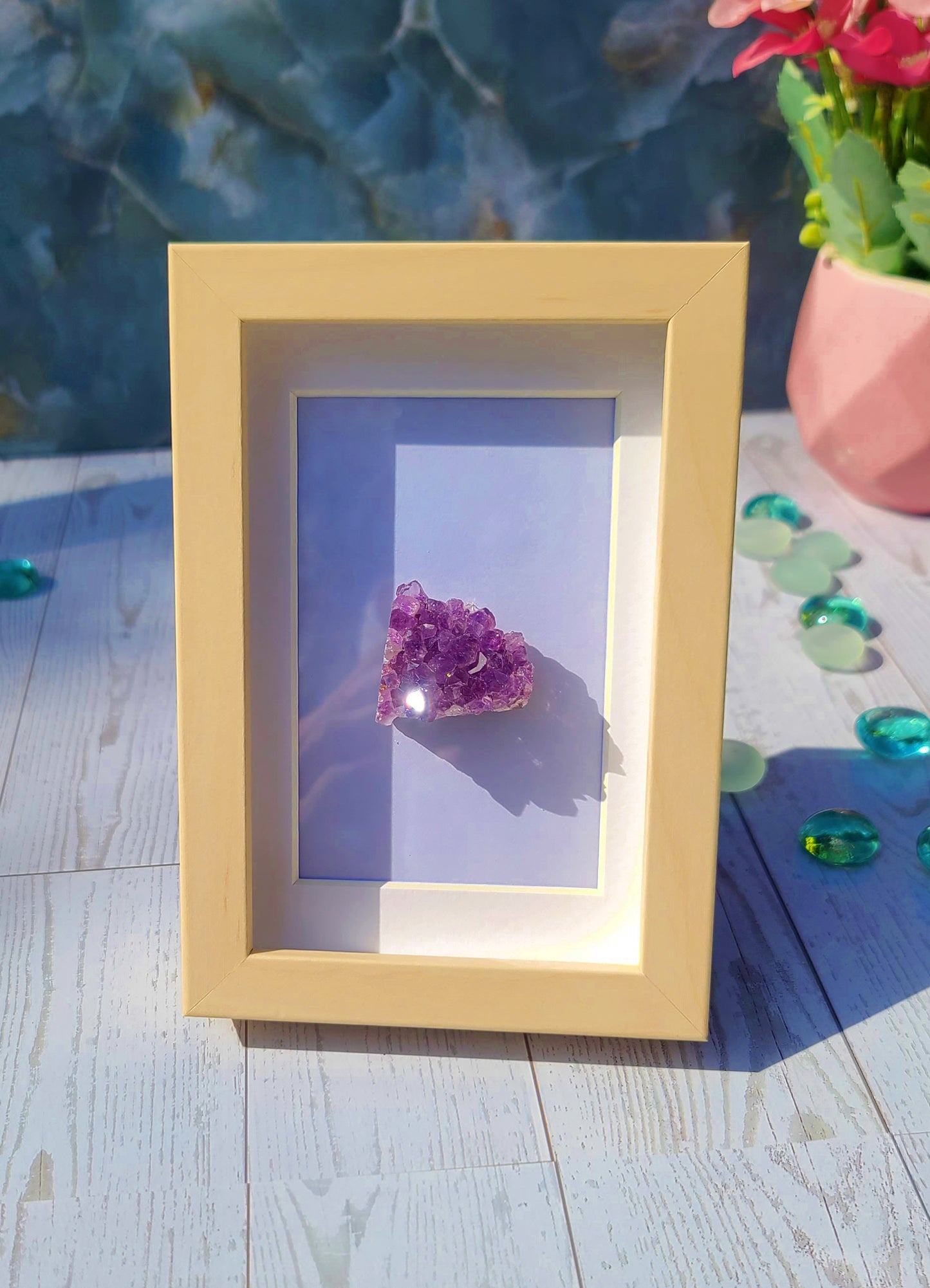 Raw Uruguay Amethyst with Soft Cream Frame – Elegant Purple Crystal Display