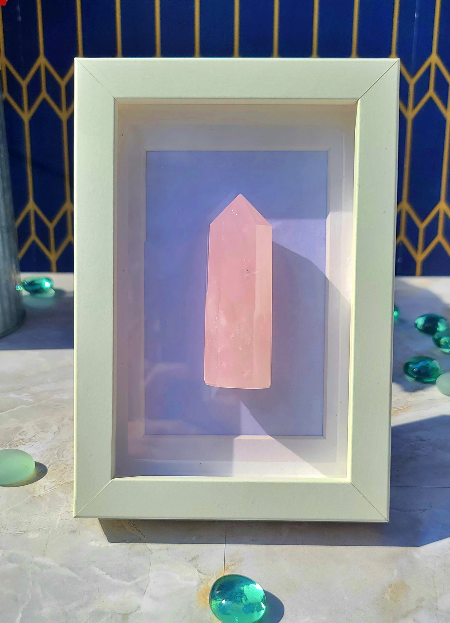Rose Quartz Crystal Column with White Frame – Soft Pink Stone Home Accent