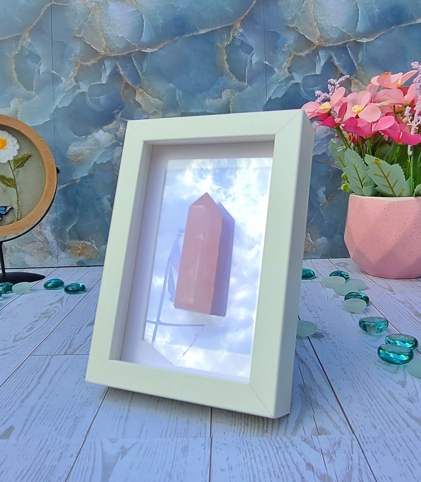 Rose Quartz Crystal Column with White Frame – Soft Pink Stone Home Accent