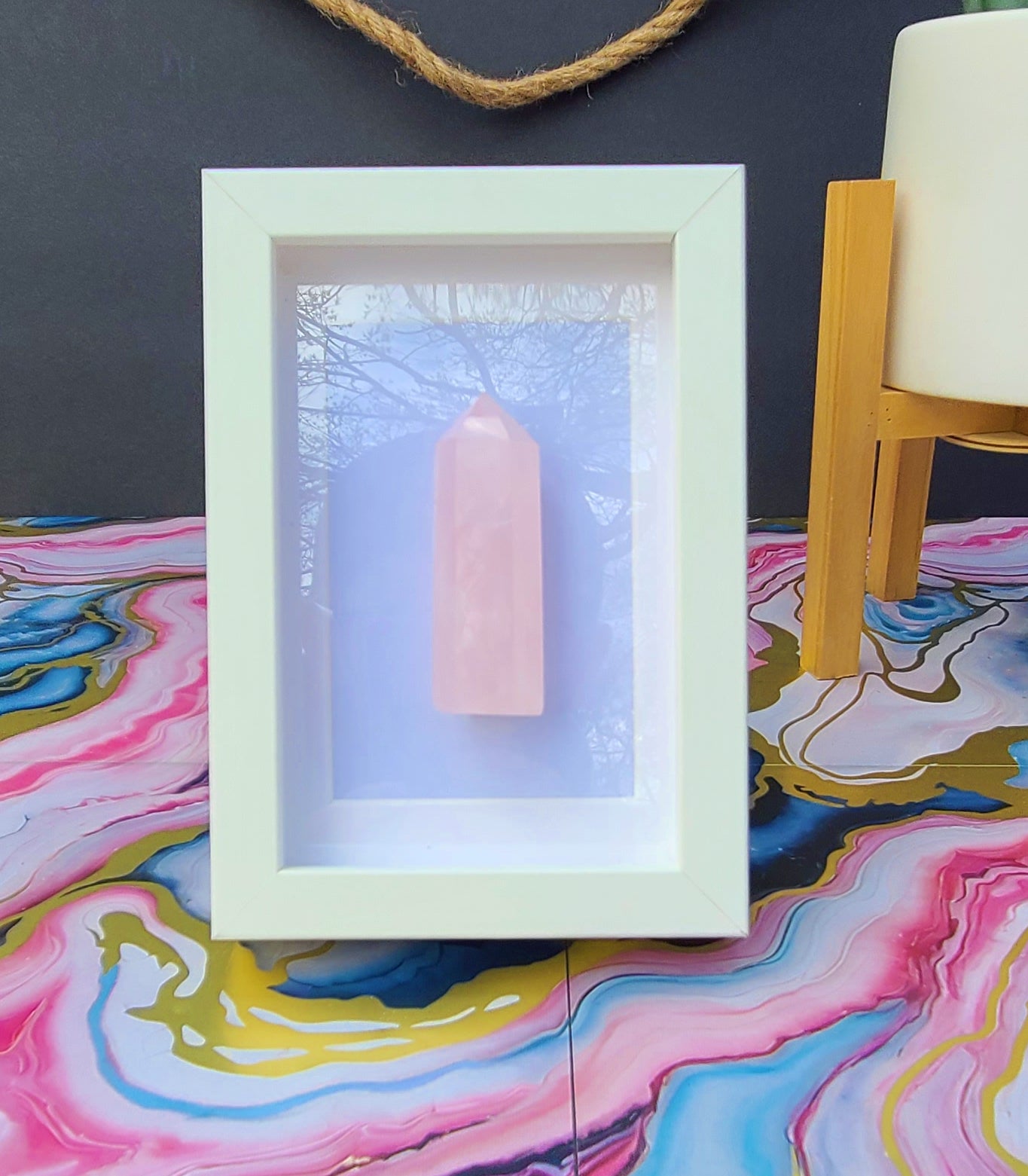 Rose Quartz Crystal Column with White Frame – Soft Pink Stone Home Accent