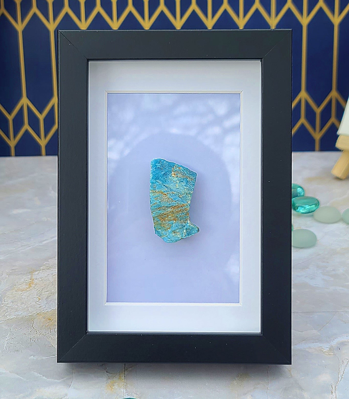 Raw Blue Apatite Crystal with Black Frame – Sculptural Stone Accent with Deep Contrast