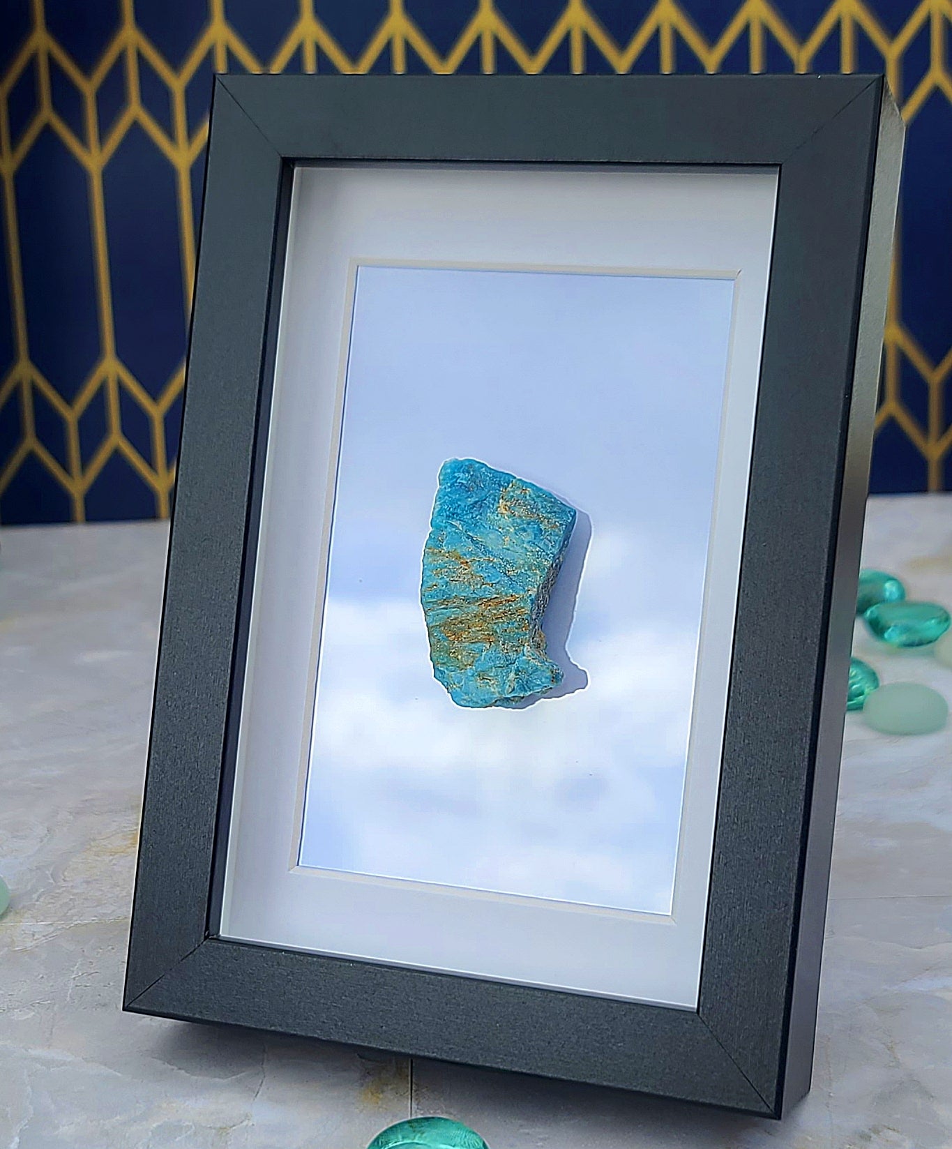 Raw Blue Apatite Crystal with Black Frame – Sculptural Stone Accent with Deep Contrast