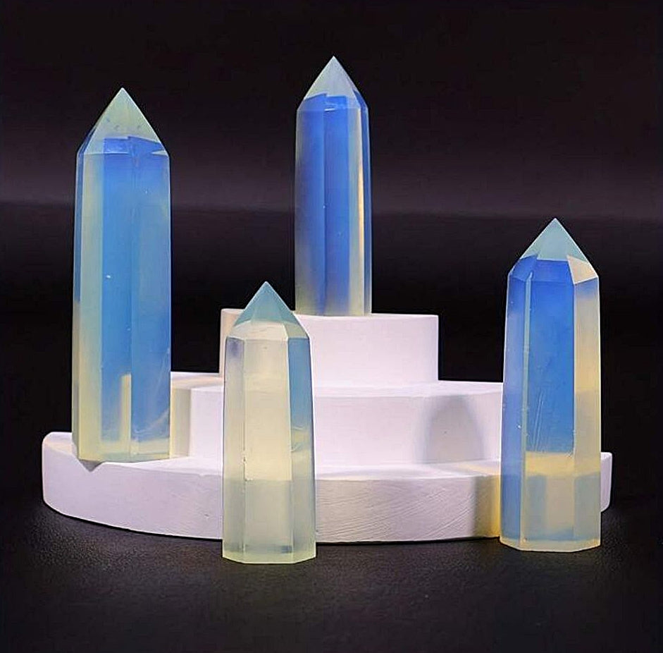 Opalite Crystal Tower with Black Frame – Luminous Stone Display Piece