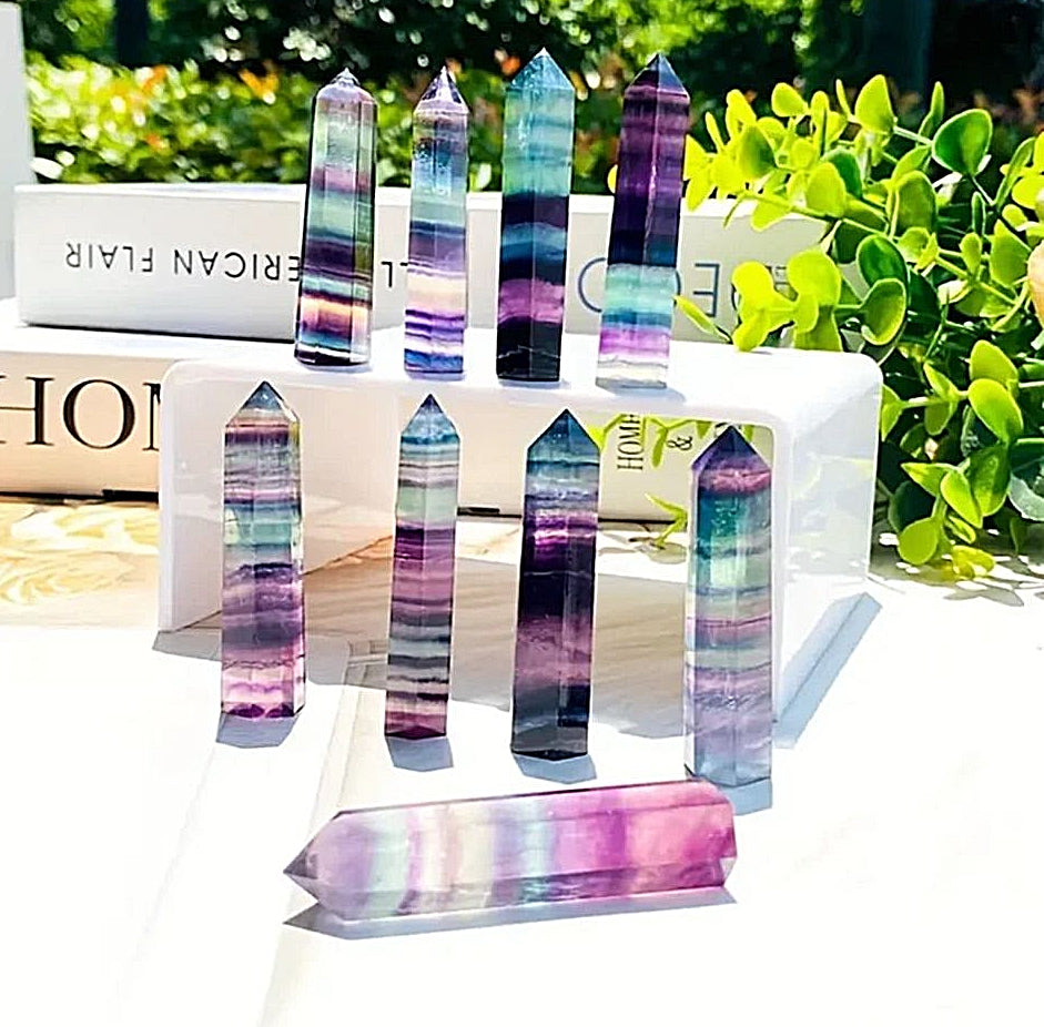 Rainbow Fluorite Crystal Tower with White Frame – Clarity-Focused Display Piece