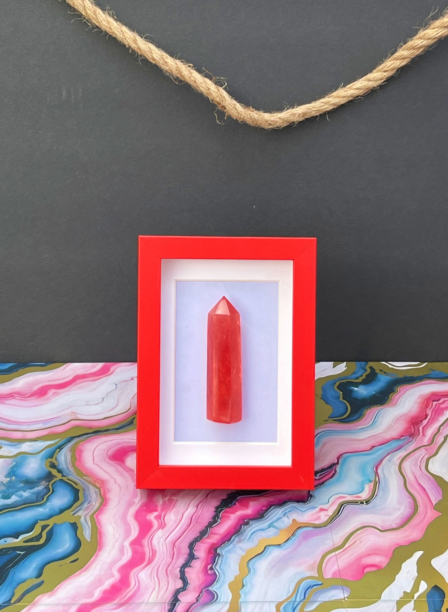 Red Carnelian Crystal Point with Red Frame – Bold Quartz Obelisk Display