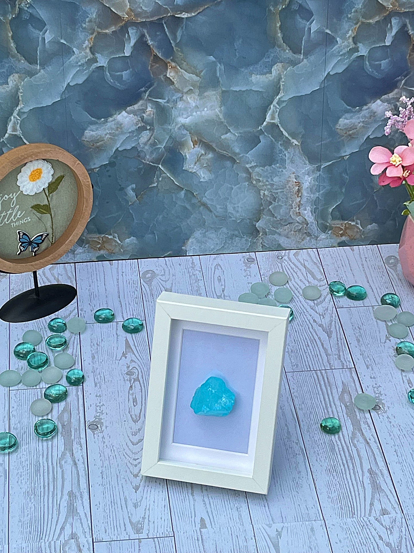 Raw Aqua Aura Quartz with White Frame – Clean Sky-Toned Crystal Accent
