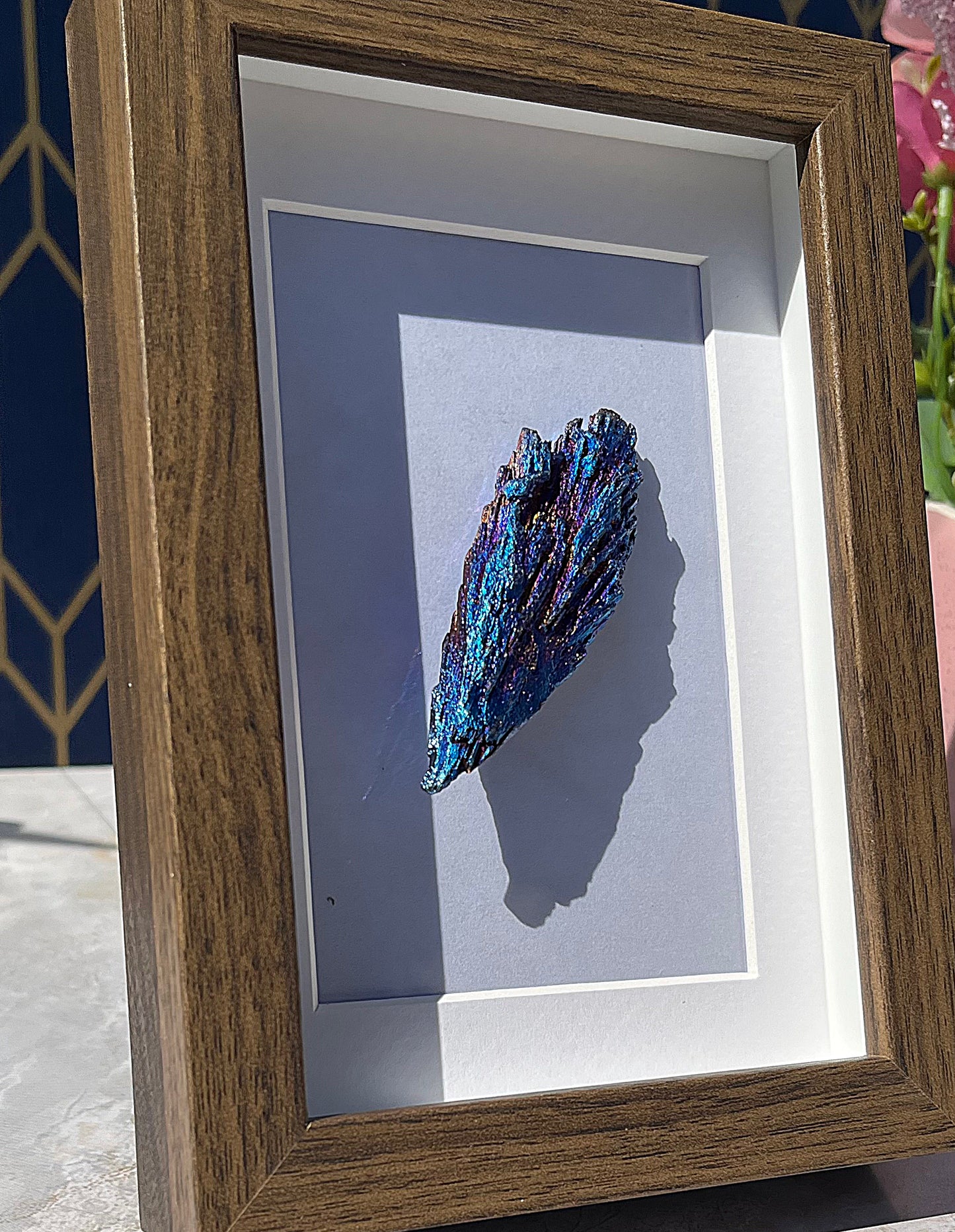 Electroplated Black Tourmaline with Blue Feather Accent – Dark Framed Crystal Statement Piece