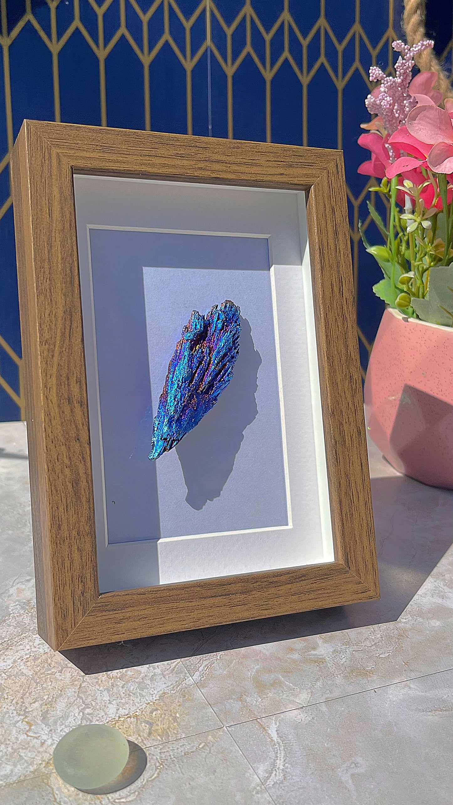 Electroplated Black Tourmaline with Blue Feather Accent – Dark Framed Crystal Statement Piece