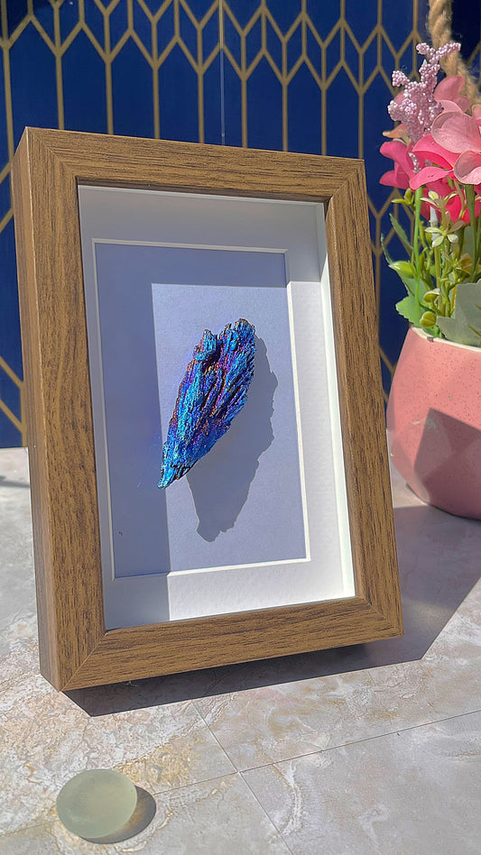 Electroplated Black Tourmaline with Blue Feather Accent – Dark Framed Crystal Statement Piece