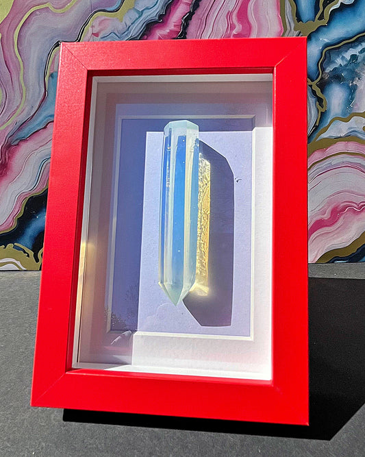 Opalite Crystal Tower with Red Frame – Radiant Accent with Bold Contrast