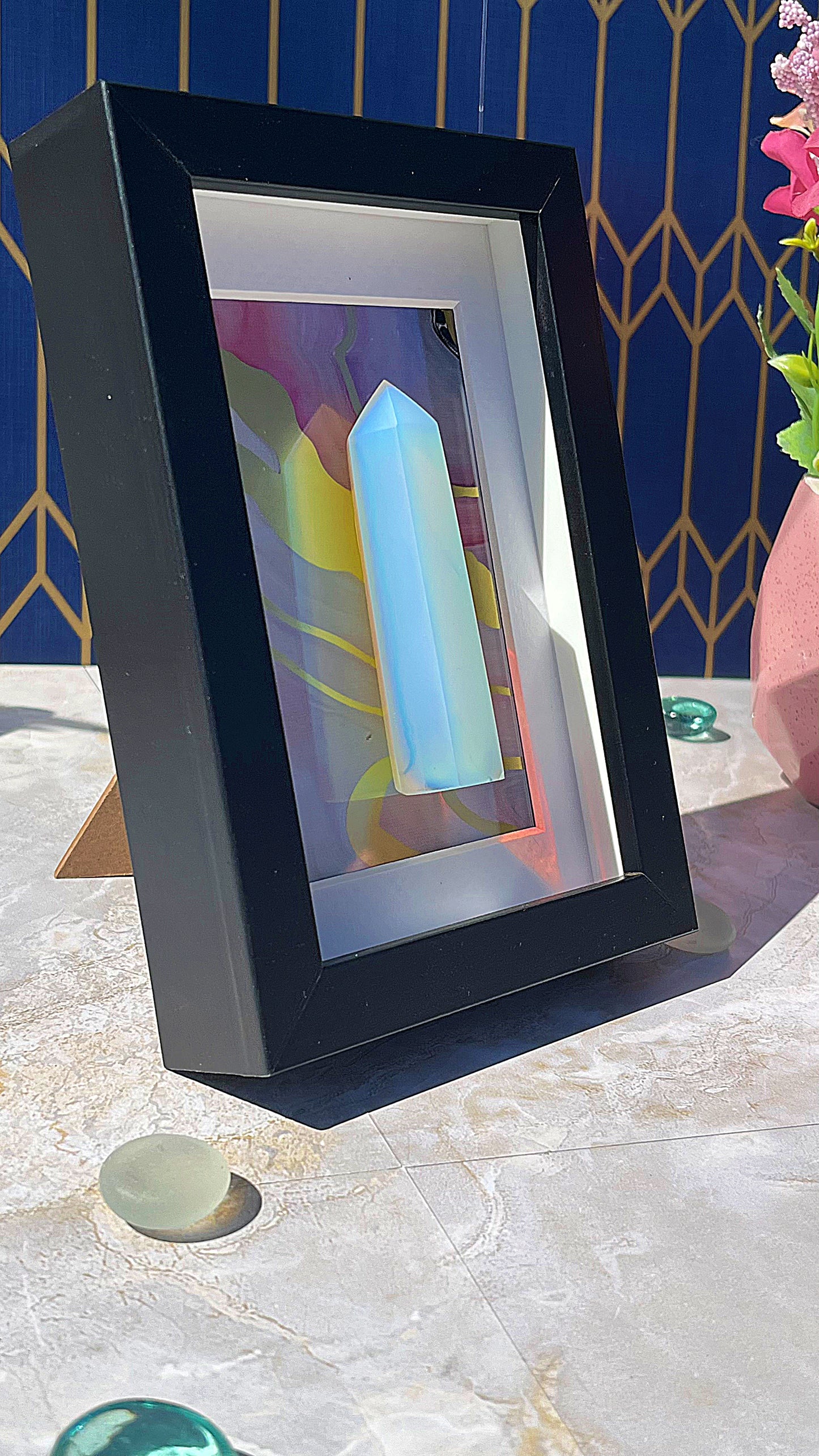 Opalite Crystal Tower with Black Frame – Luminous Stone Display Piece