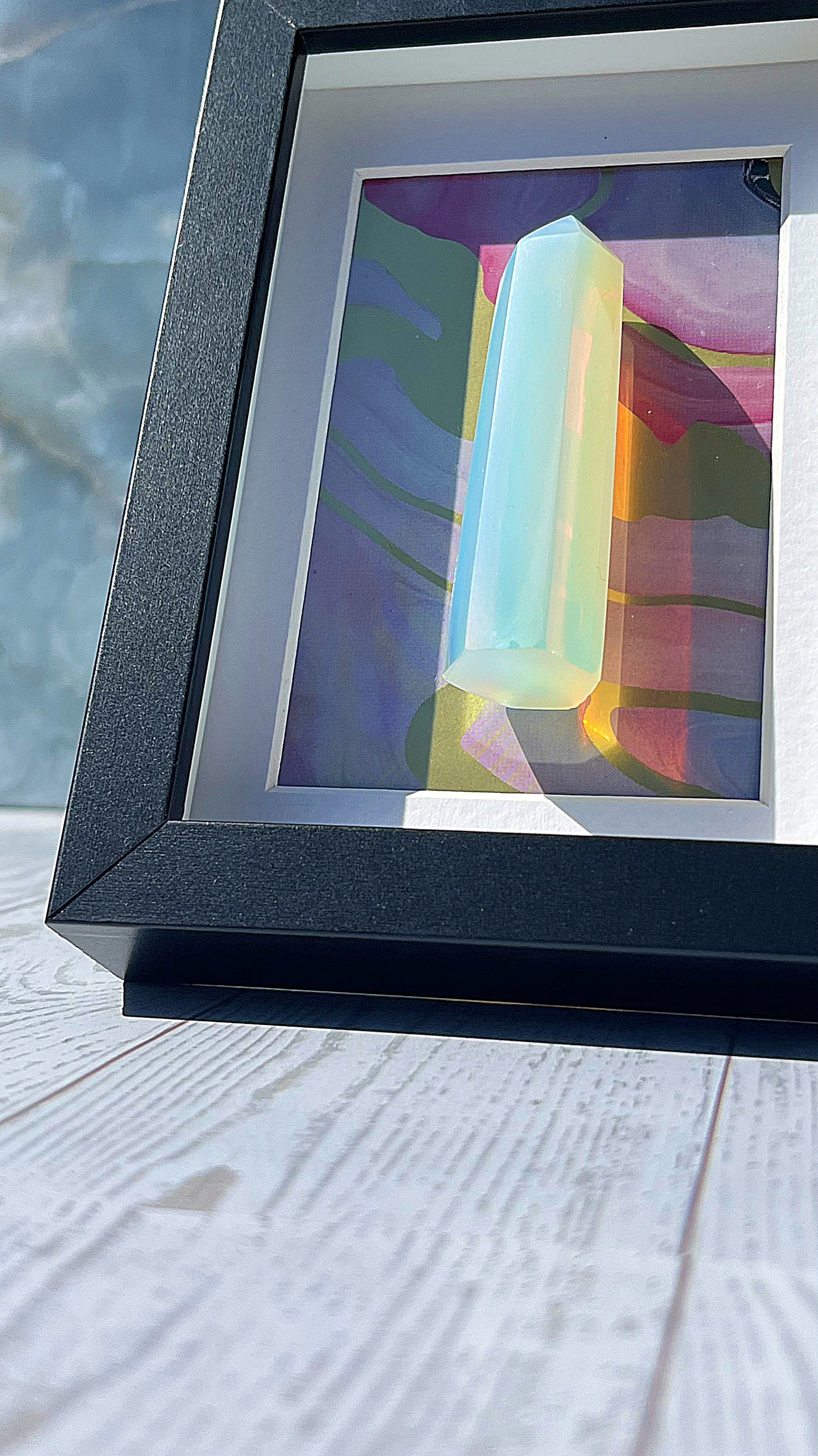 Opalite Crystal Tower with Black Frame – Luminous Stone Display Piece