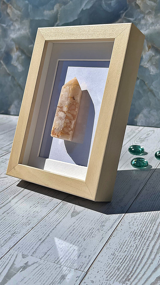 Cherry Blossom Agate Column with Cream Wood-Look Frame – Soft Natural Stone Accent
