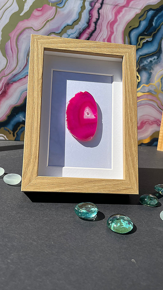 Polished Rose Agate Slice in Wood-Look Frame – Artistic Crystal Accent in Rose Red
