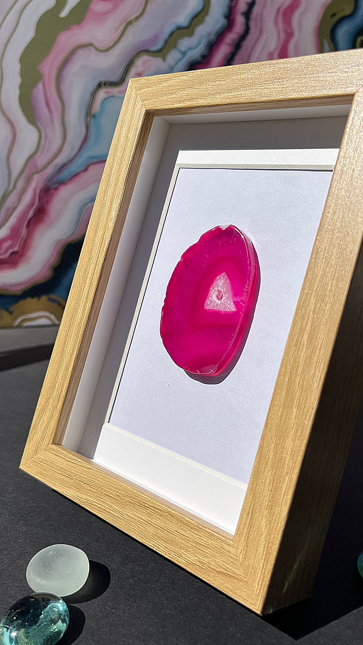 Polished Rose Agate Slice in Wood-Look Frame – Artistic Crystal Accent in Rose Red