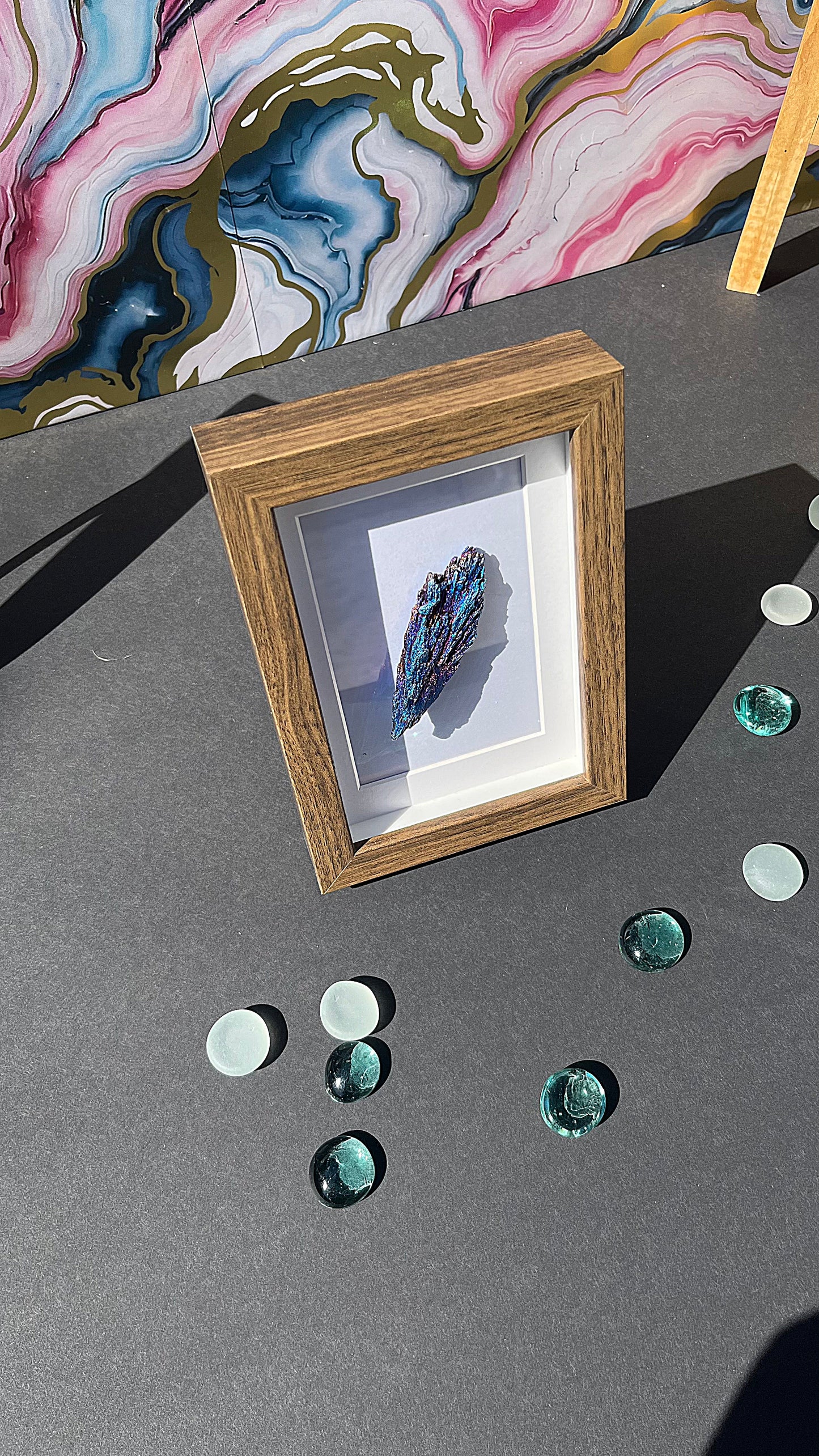 Electroplated Black Tourmaline with Blue Feather Accent – Dark Framed Crystal Statement Piece