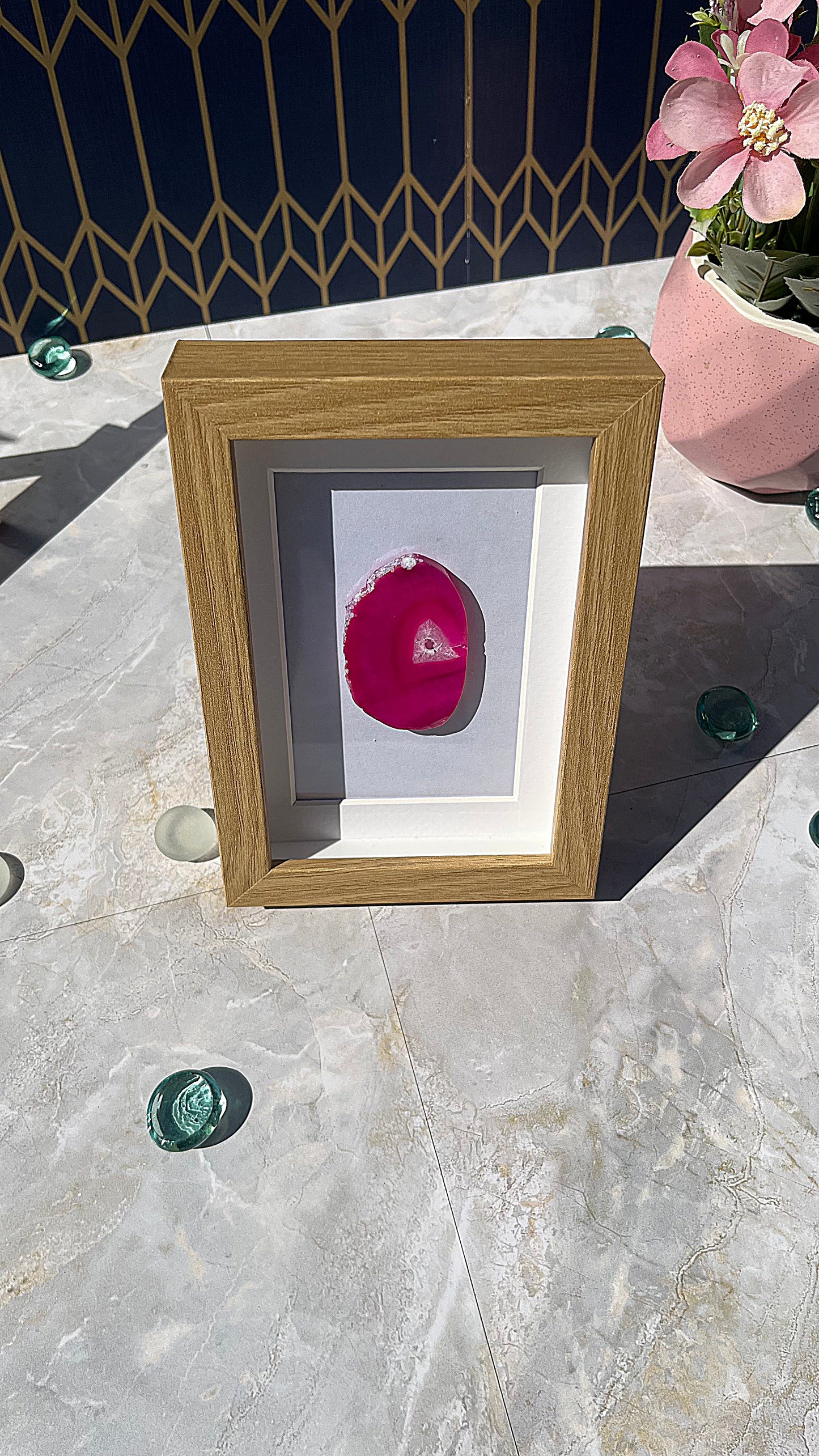 Polished Rose Agate Slice in Wood-Look Frame – Artistic Crystal Accent in Rose Red
