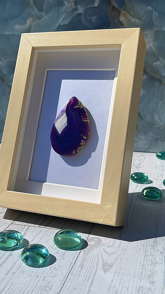 Polished Purple Agate Slice in Cream Wood-Look Frame – Sculptural Crystal Accent
