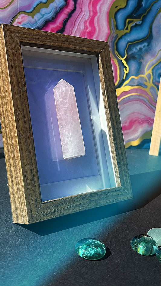 Rose Quartz Crystal Column with Wood-Look Frame – Warm Toned Display Accent