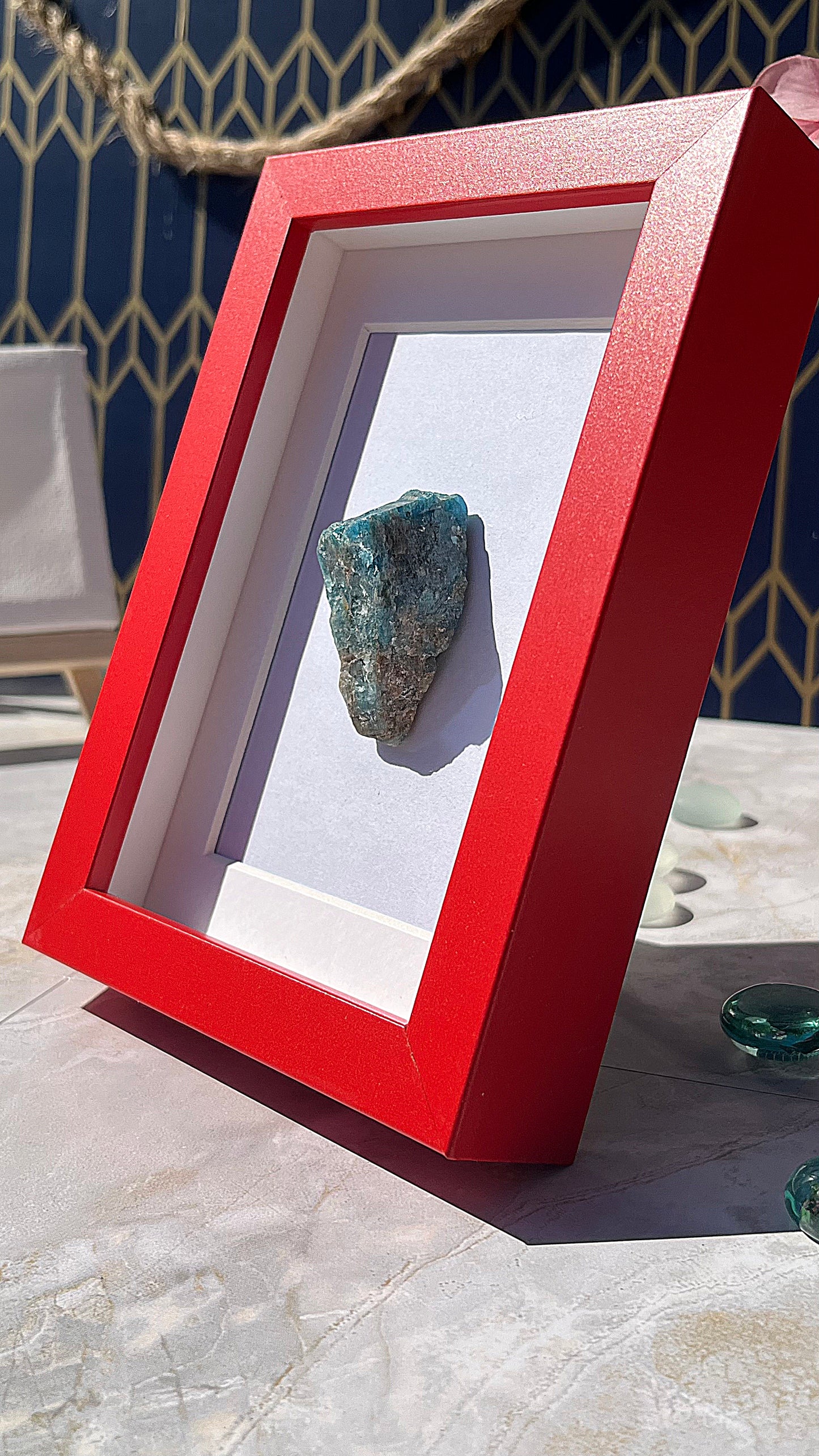 Raw Blue Apatite Crystal with Red Frame – Bold Mineral Accent for Modern Decor