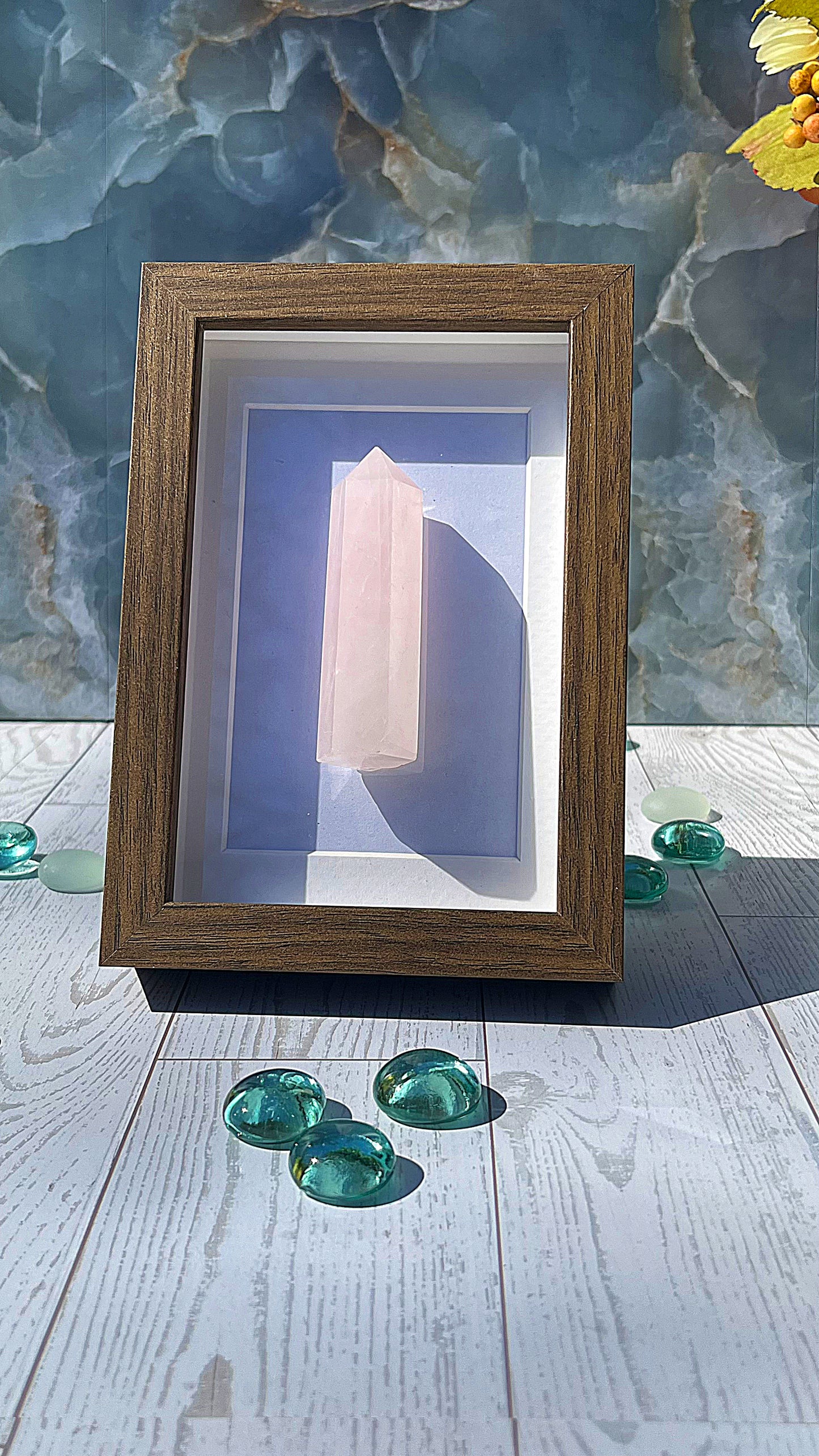 Rose Quartz Crystal Column with Wood-Look Frame – Warm Toned Display Accent