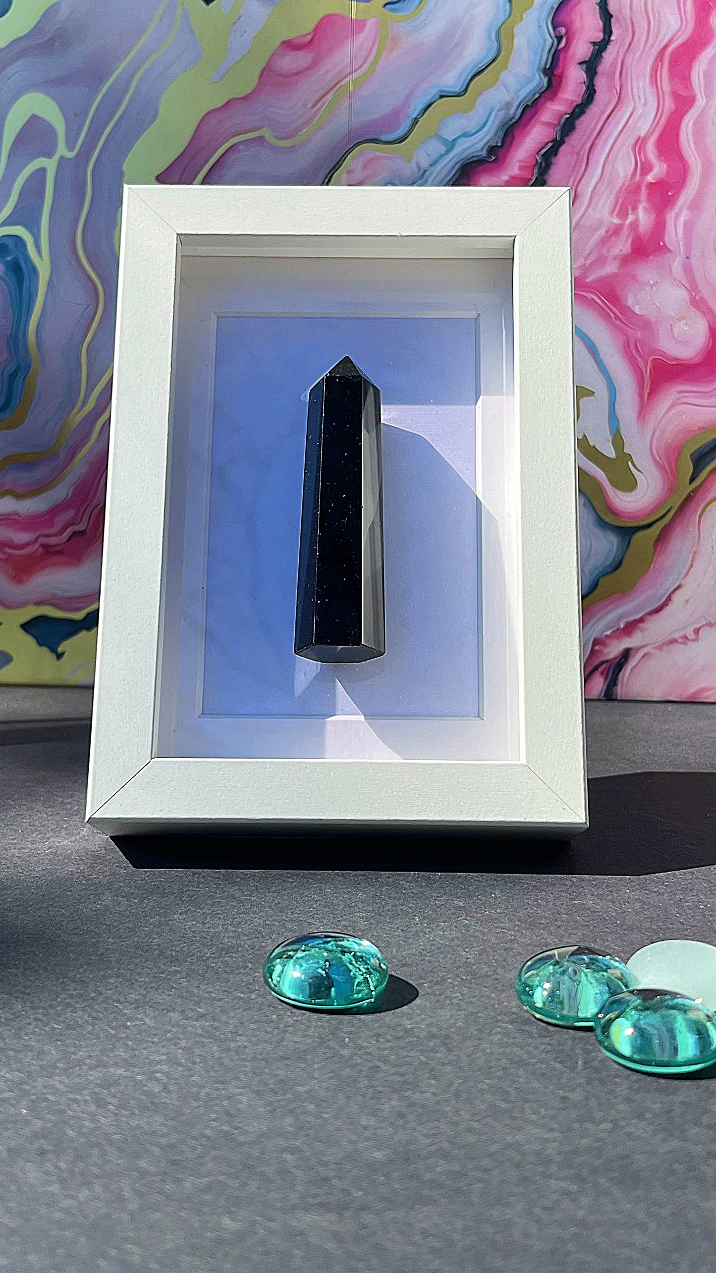 Natural Obsidian Tower with White Frame – Modern Black Crystal Decor