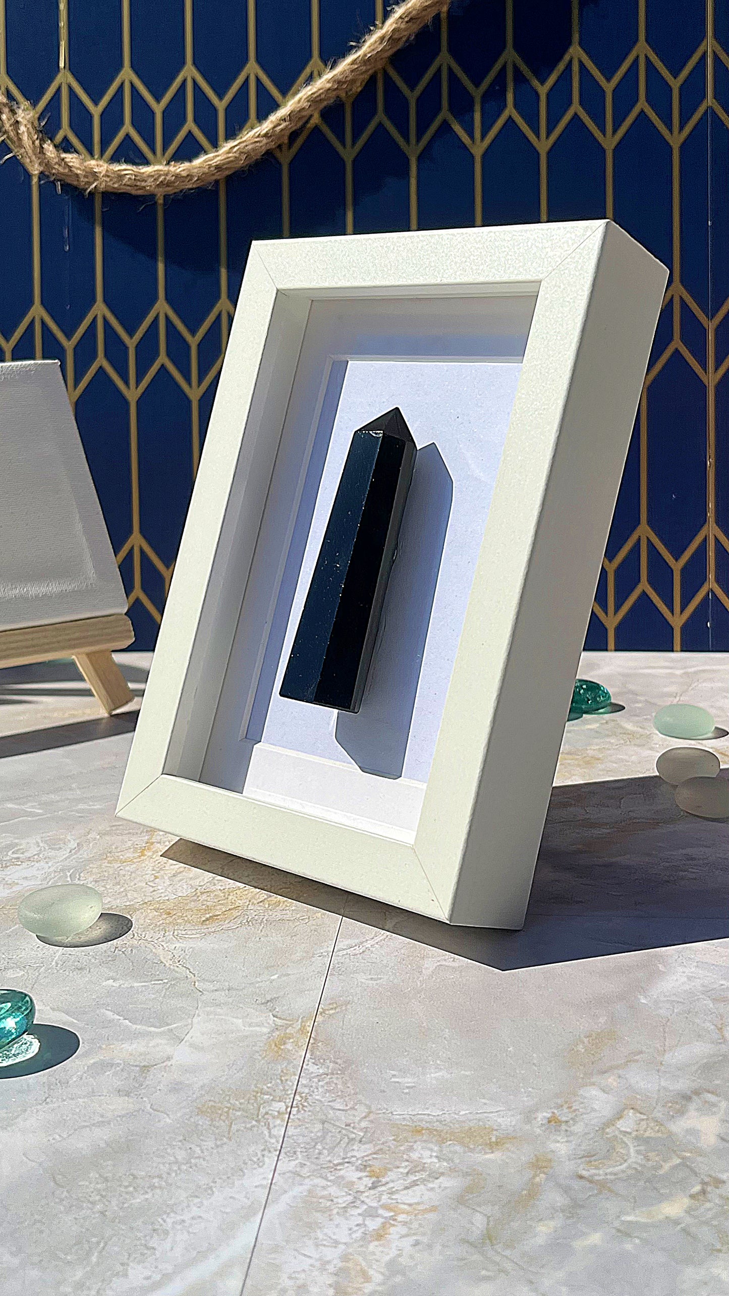 Natural Obsidian Tower with White Frame – Modern Black Crystal Decor