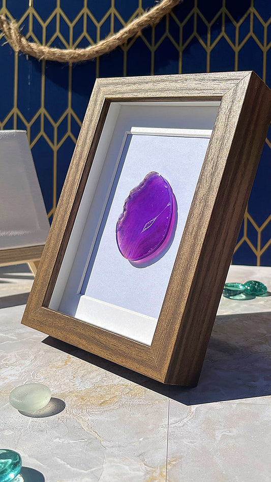 Polished Purple Agate Slice in Dark Wood-Look Frame – Moody, Artistic Crystal Display