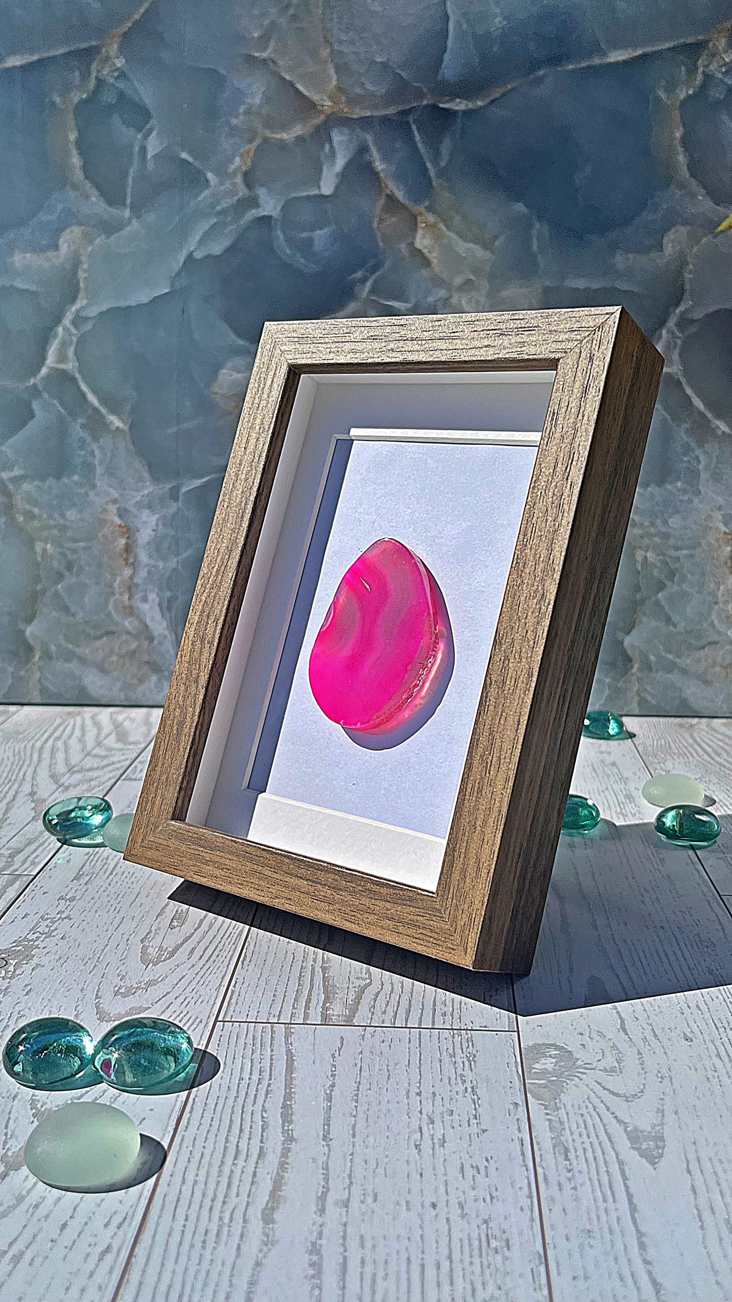 Polished Rose Agate Slice in Dark Wood-Look Frame – Bold Rose Red Crystal Display