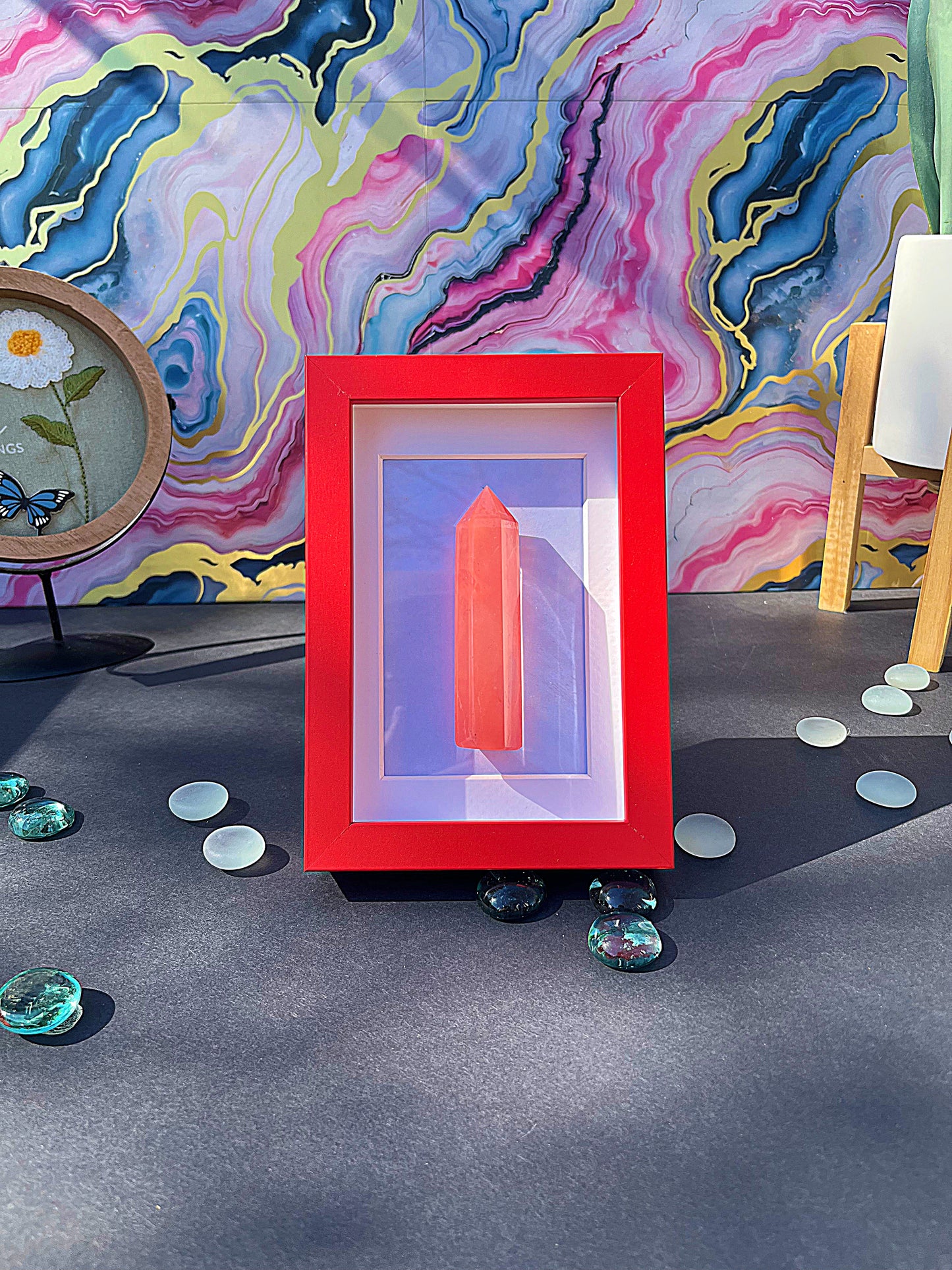 Red Carnelian Crystal Point with Red Frame – Bold Quartz Obelisk Display
