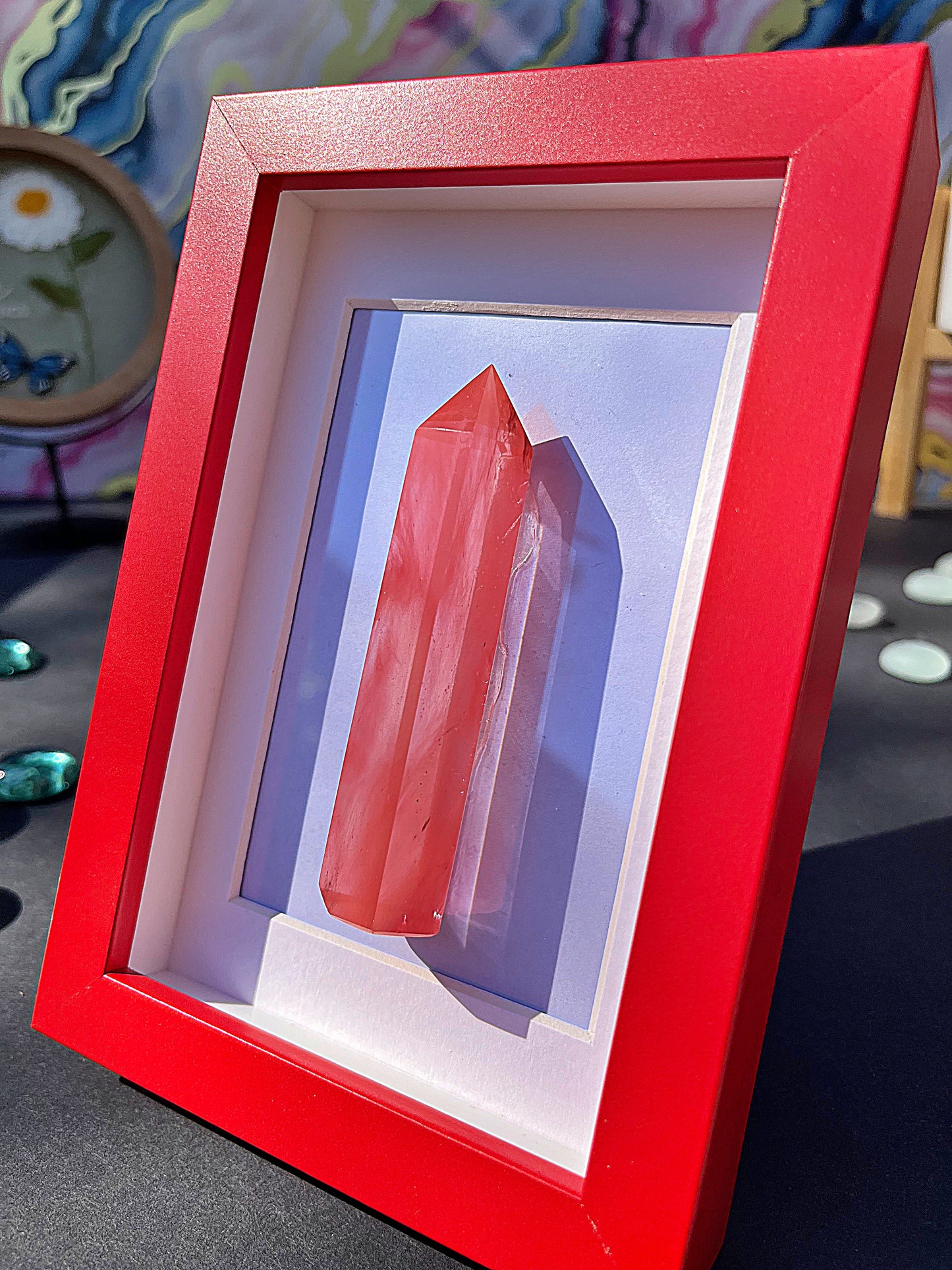 Red Carnelian Crystal Point with Red Frame – Bold Quartz Obelisk Display