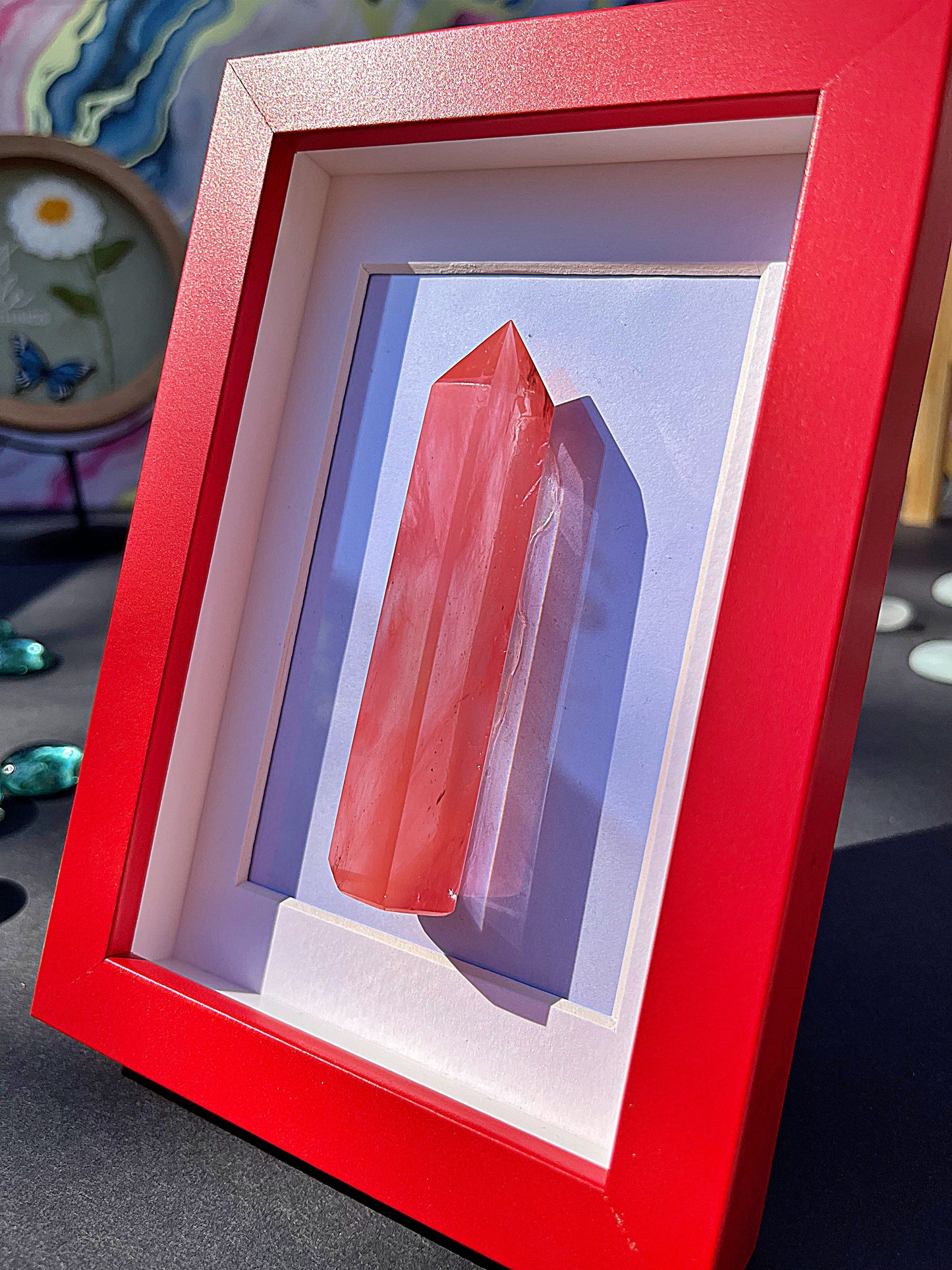 Red Carnelian Crystal Point with Red Frame – Bold Quartz Obelisk Display