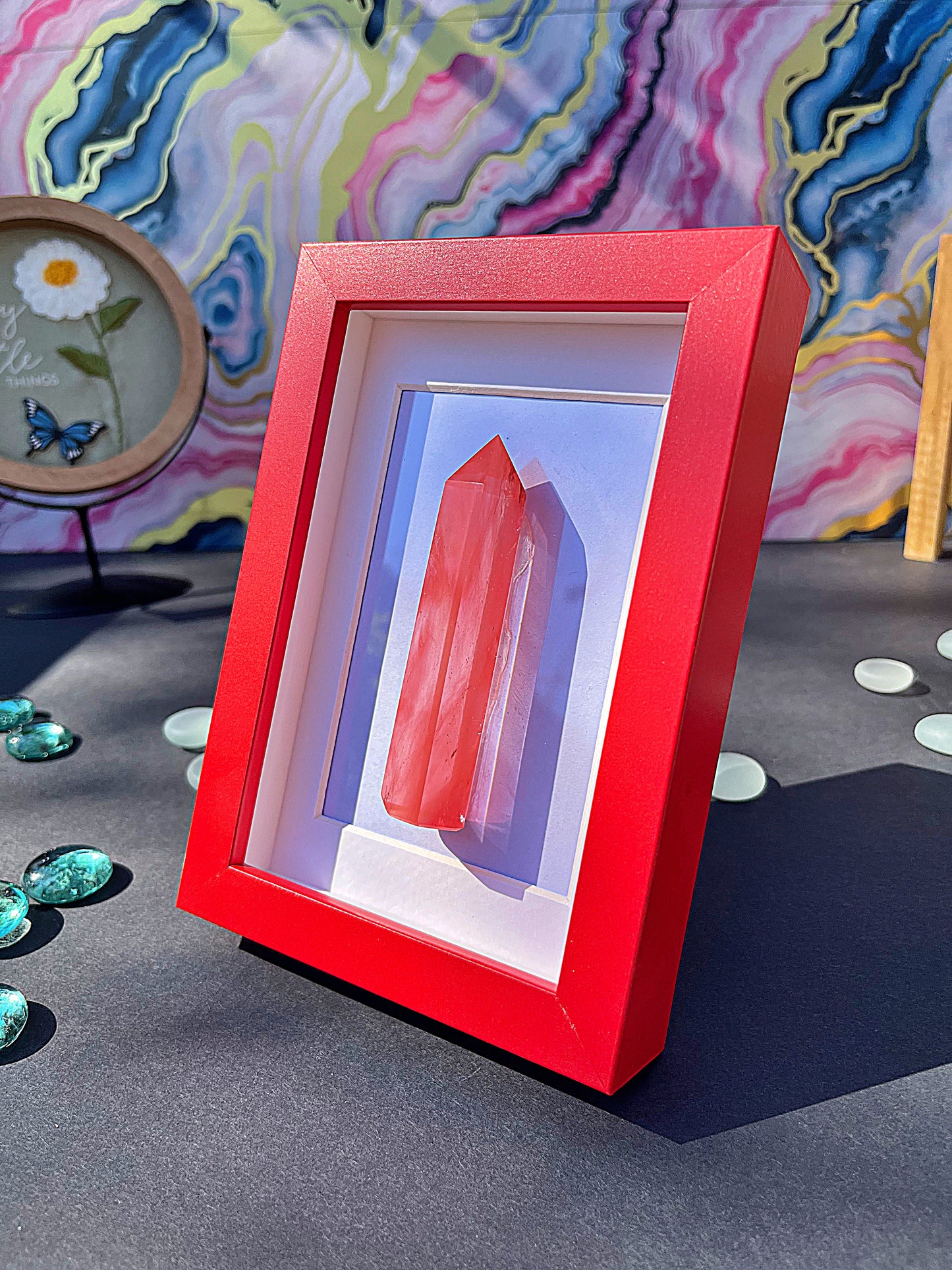 Red Carnelian Crystal Point with Red Frame – Bold Quartz Obelisk Display